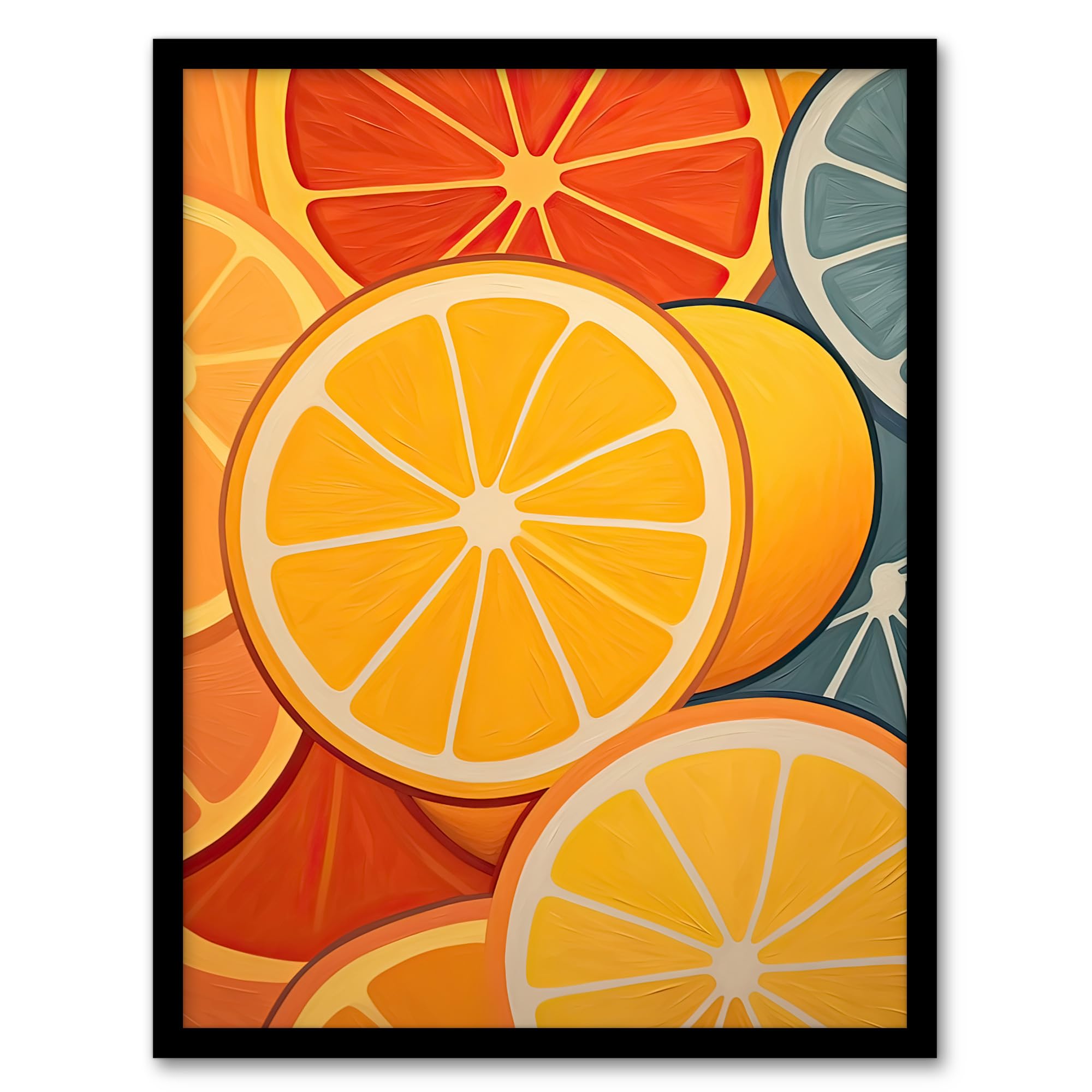Artery8 Lemons and Oranges Oil Painting Abstract Fruit Slices Kitchen Artwork Framed Wall Art Print A4