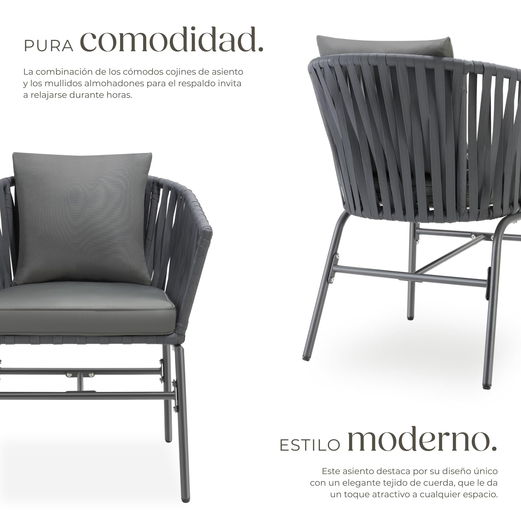 tectake® Sillas Jardin Exterior con Cojines Gruesos, Butacas Cómodas Terraza, Silla Cocina, Muebles de Exterior e Interior, Silla Tocador Maquillaje, Butacas de Comedor - 2 Sillas Gris Oscuro