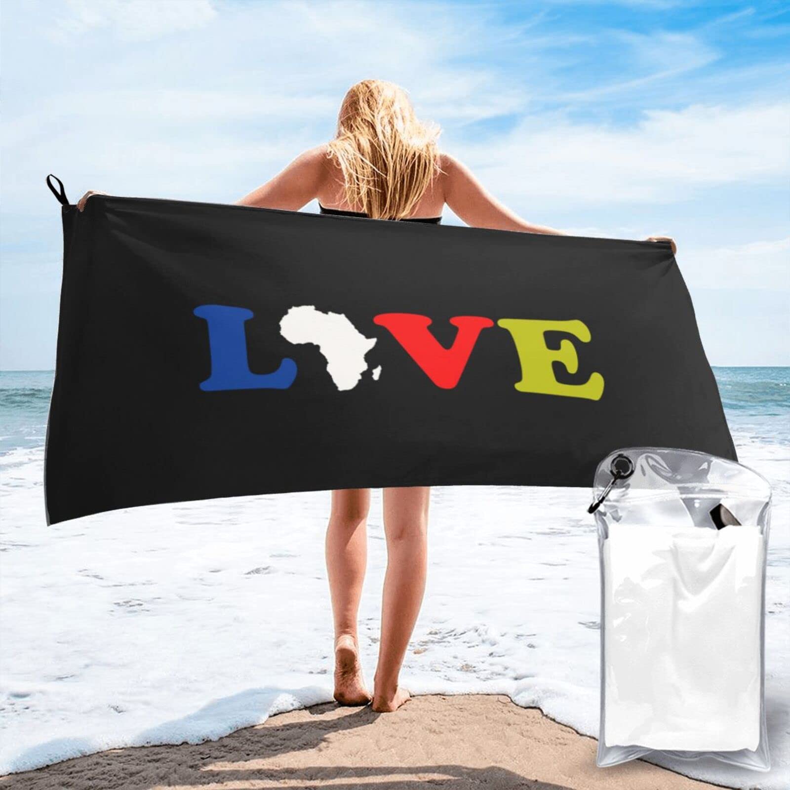 Lawenp Africa Love Microfiber Beach Towel Adults Large Quick Drying Bath Towel Travel Towels with Pouch 31.5"x63"