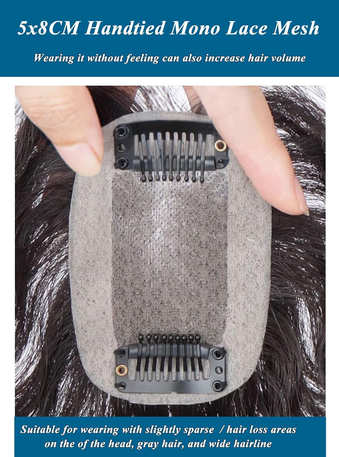5x8cm Hand Woven Mono Base Short Fluffy Curly Wave Human Hair Topper for Women,Invisible Clip in Topper Replacement Hairpiece for Coverage Small Area Thin Hair Loss 7" Dark Brown