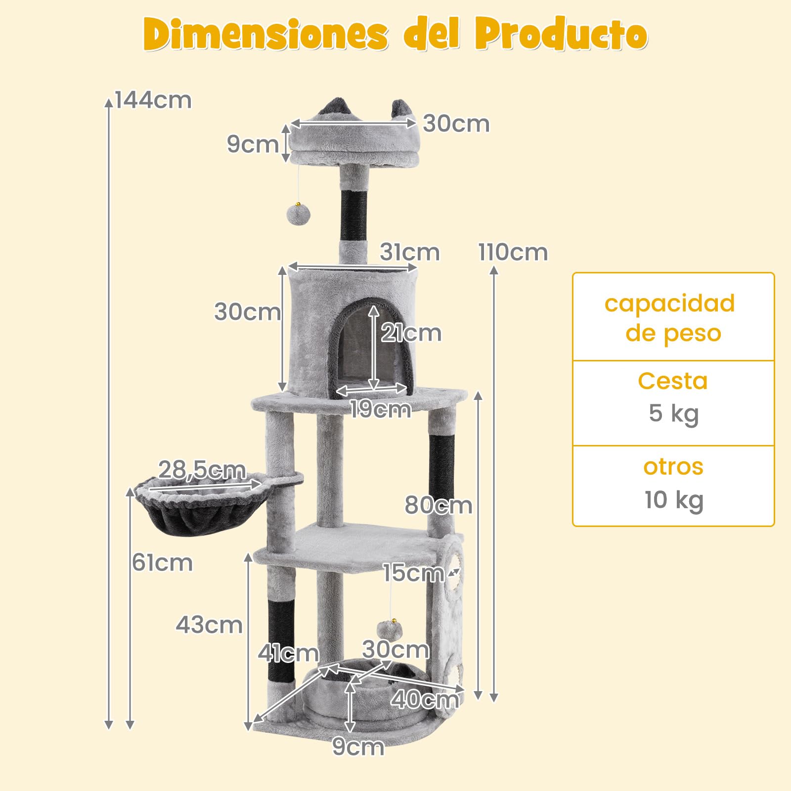 COSTWAY Rascador para Gatos de 144 cm, Árbol Rascador para Gatos de 5 Niveles con 3 Postes de Sisal para Rascar y Tablero, Condominio, Plataformas, Hamaca, Cama, Árbol de Actividades para Gatitos