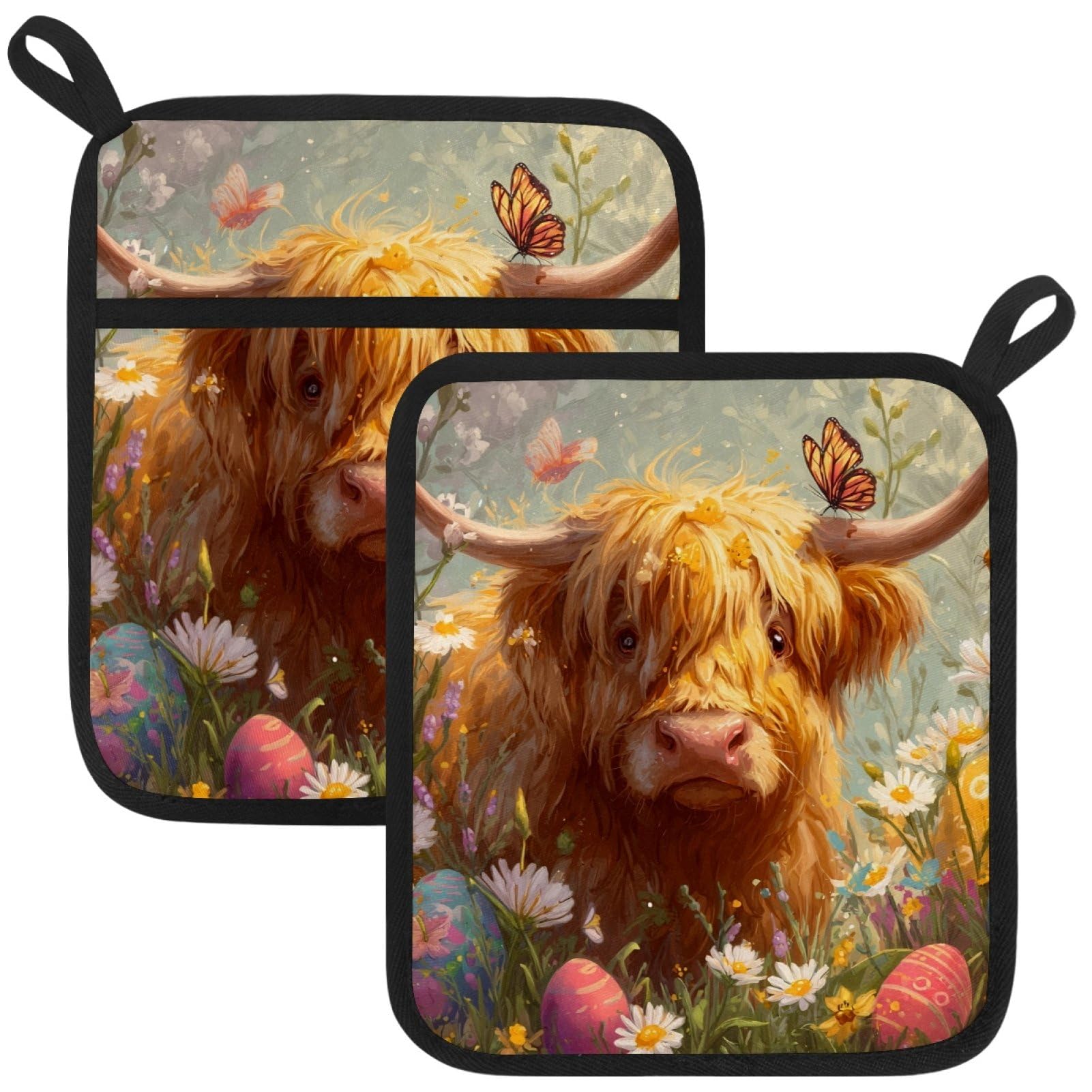 VAPOKF Easter Highland Cattle Kitchen Hot Pot Holder, Pot Holders Heat Resistant Pot Holder with Pocket Heat Resistant Trivets for Hot Pans Cotton Pot Mitts for Kitchen Cooking Baking