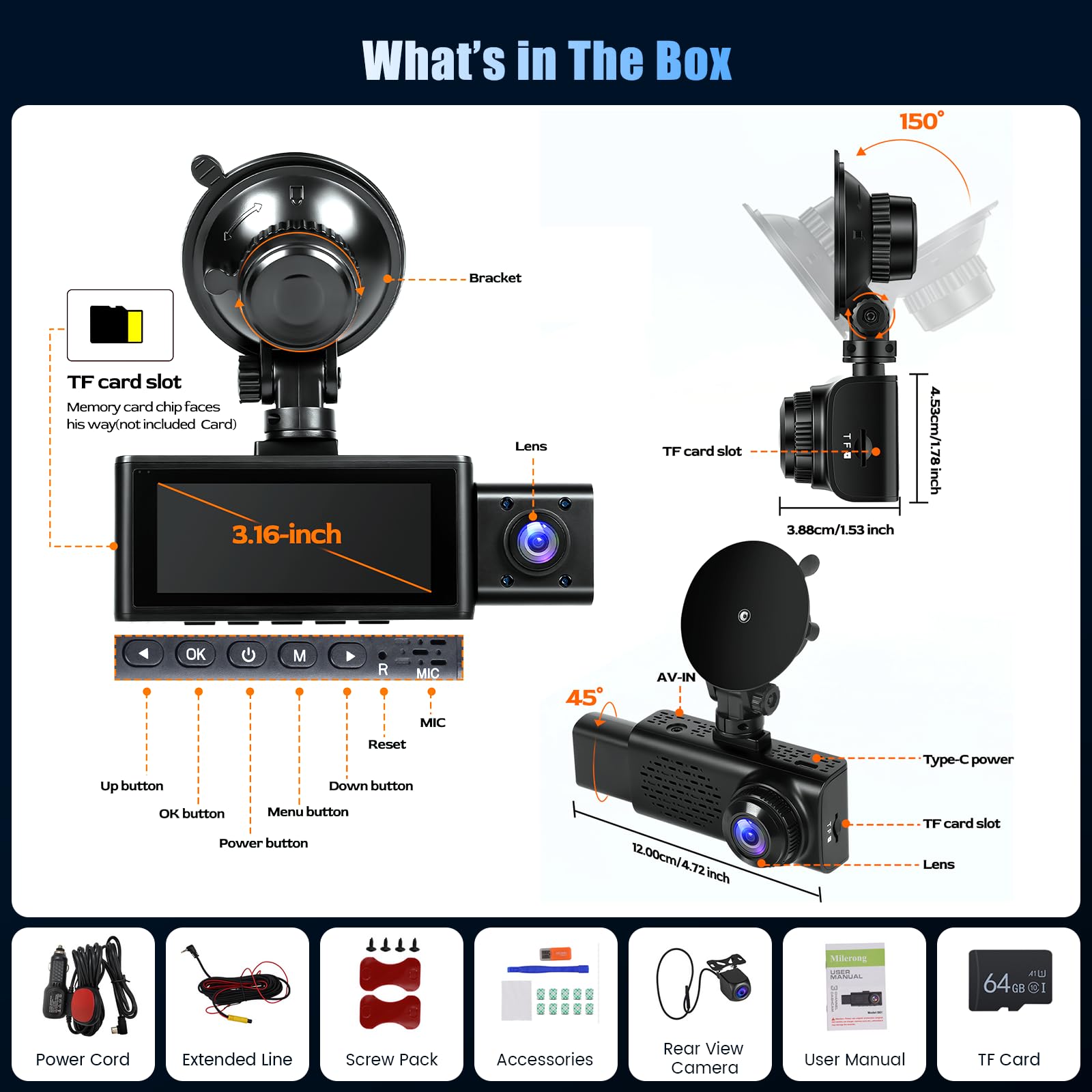 Inefala Dash Cam 3 Canaux 2,5K GPS IPS 3,16" Carte 64 Go