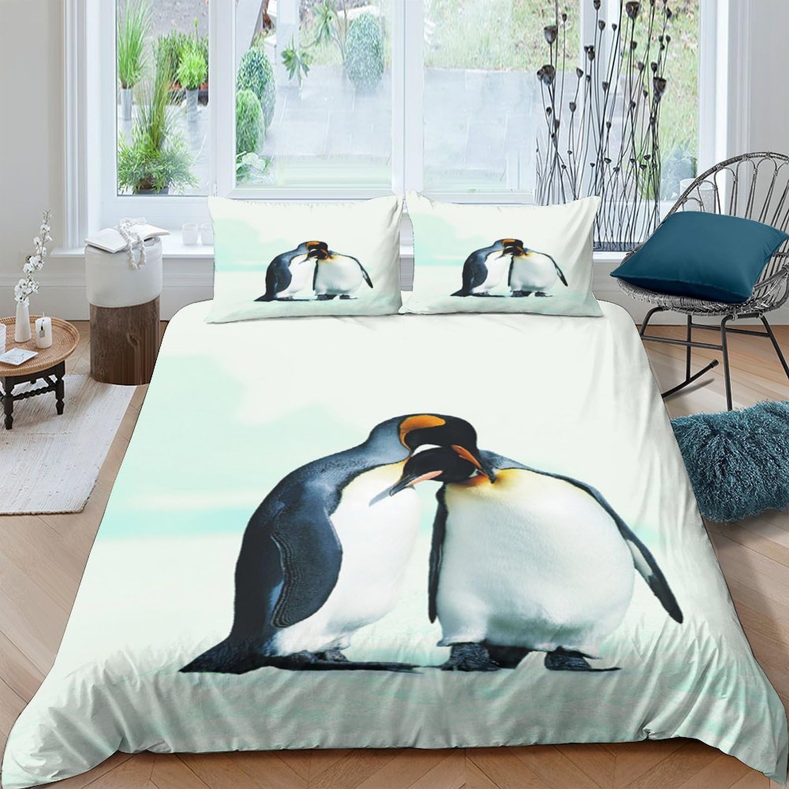 GPLZQXKJNH 3D Printed Penguin Love Duvet Cover Set Microfiber Soft Breathable Bedroom Decor Quilt Cover with 2 Pillowcases Single（135x200cm）