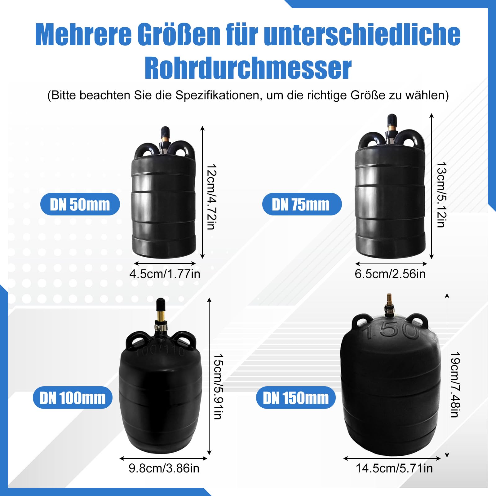 aufblasbarer Rohrstopfen, Gummi-Absperrstopfen, manueller Sanitär-Prüfball, aufblasbarer Gummi-Rohrstopfen, manueller Rohrdruckprüfstopfen für Installateure, Toiletten, Abwasserrohre