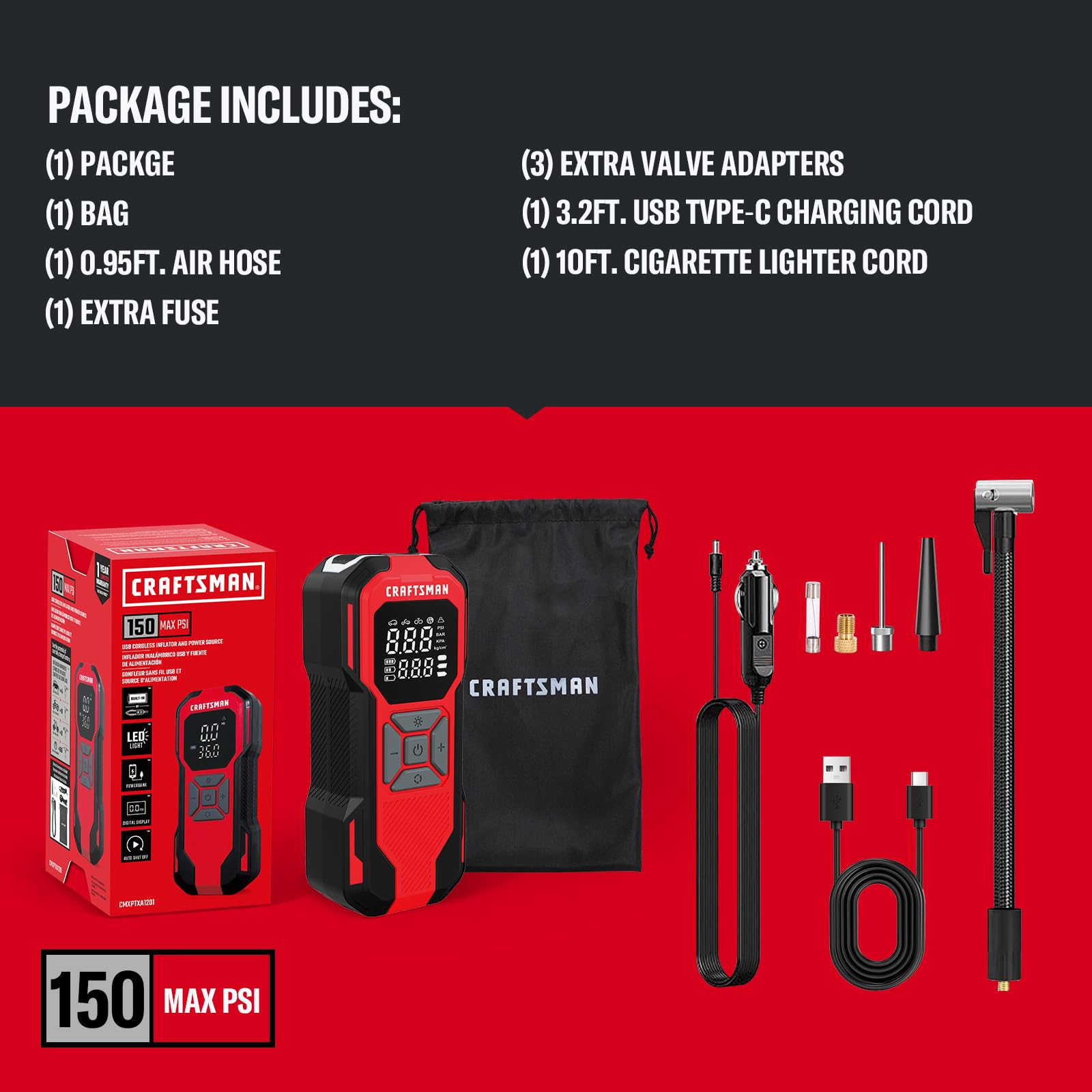 CRAFTSMAN Tire Inflator Portable Air Compressor, Cordless Mini Air Pump for Car Tires with Digital Tire Pressure Gauge, 6000mAh Battery Powered Air Pump, Max Pressure 150 PSI, 12V DC Corded