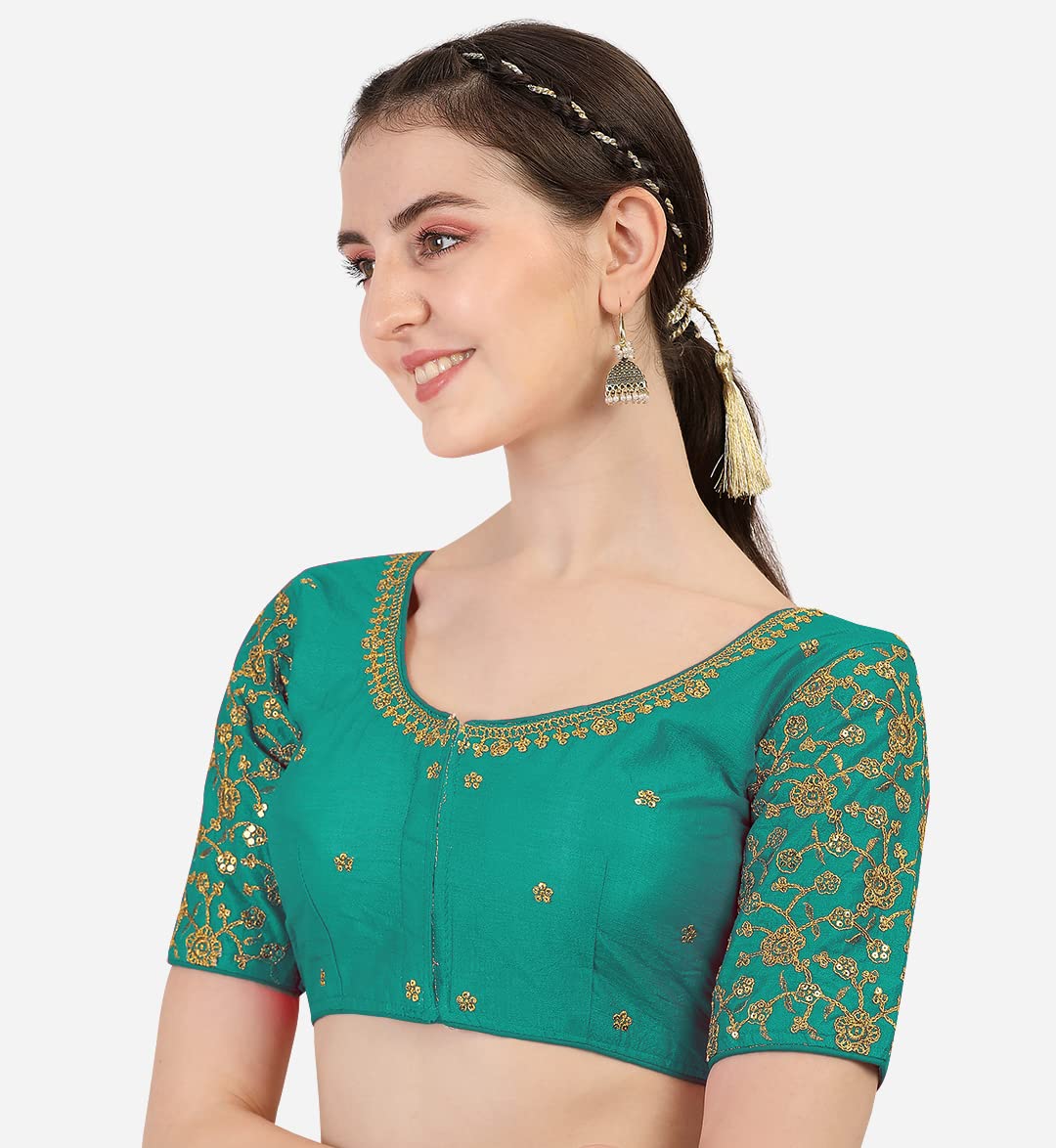 Pujia Mills Women's Phantom Silk Floral Half Sleeve Saree Blouse (Flowerr Blouse_Rama_38 Size+Margin)