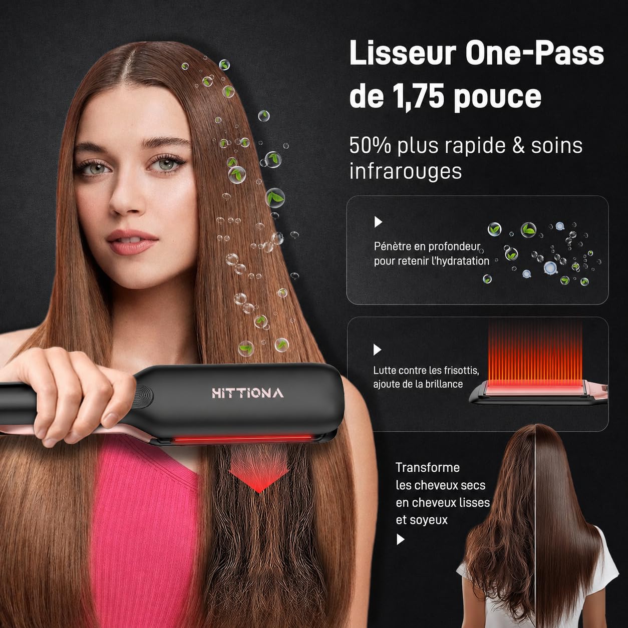 Fer à Lisser Professionnel en Céramique, Lisseur Ionique de 1,75" avec Affichage LCD de la Température, Contrôle Individuel (150-230 °C), Double Tension, Réduit les Frisottis et Statique pour Tous
