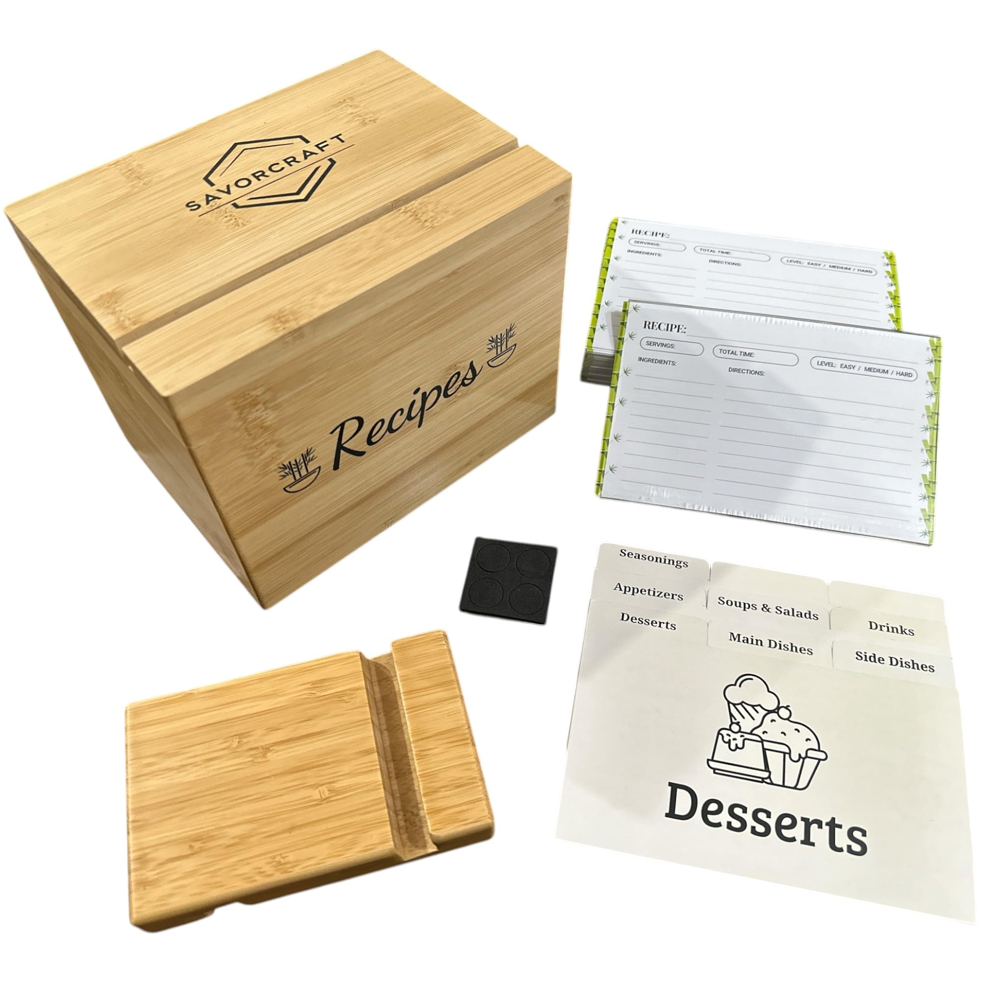 SAVORCRAFT Recipe Box with Cards and Dividers – Bamboo Recipe Organizer 4x6 with 100 Waterproof Recipe Cards, Magnetic Lid, Phone Holder & Non-Slip Pads – Gift for Home Cooks