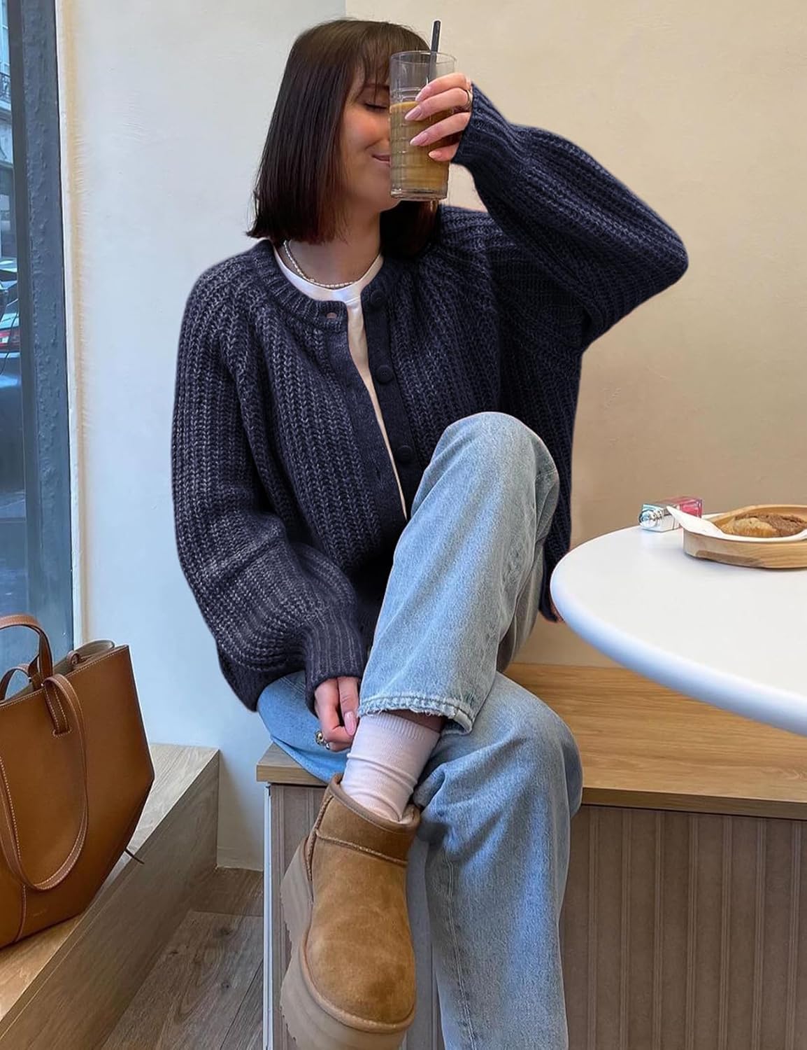 YKR Womens Fall Cardigan Sweater Long Sleeve Chunky Knit Open Front Button Loose Casual Cardigan Coat Navy M - Image 3