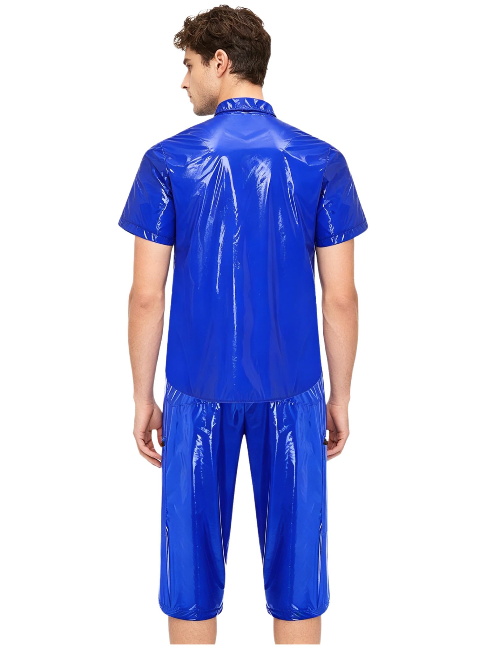 Uomo Look Wetlook Abito Due Pezzi Camicia E Pantaloni Corti Party Discoteca Outfit Blu reale XXL