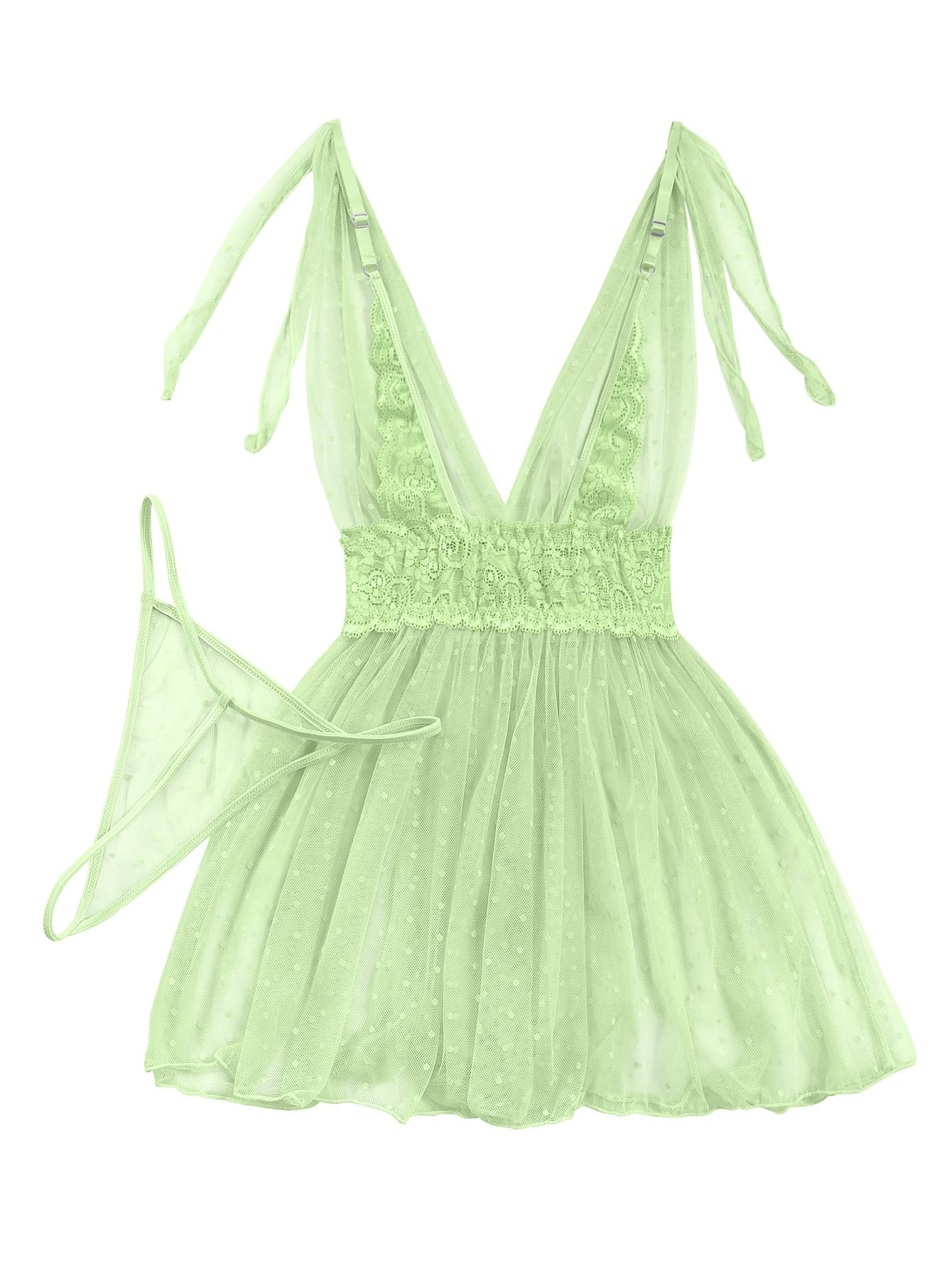 Lilosy Sexy Polka Dots Mesh Sheer Lace Babydoll Chemise Lingerie Set Floral Sleep Wear: Large Grass Green