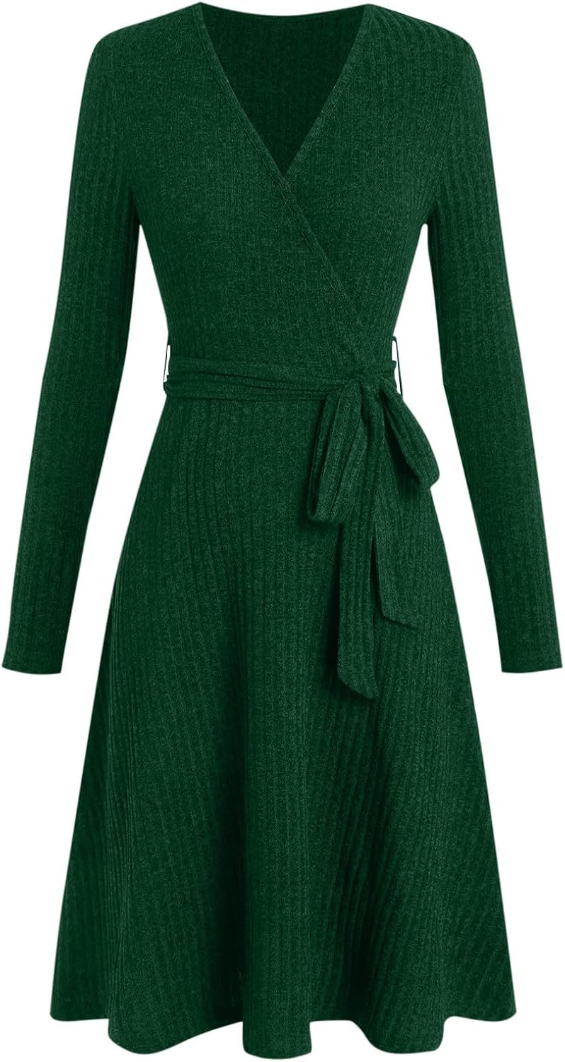 Women's Long Sleeve Ribbed Knit Dresses V Neck Casual Fall Winter Pleated Flowy Swing Tunic Sweater Dress with Belt