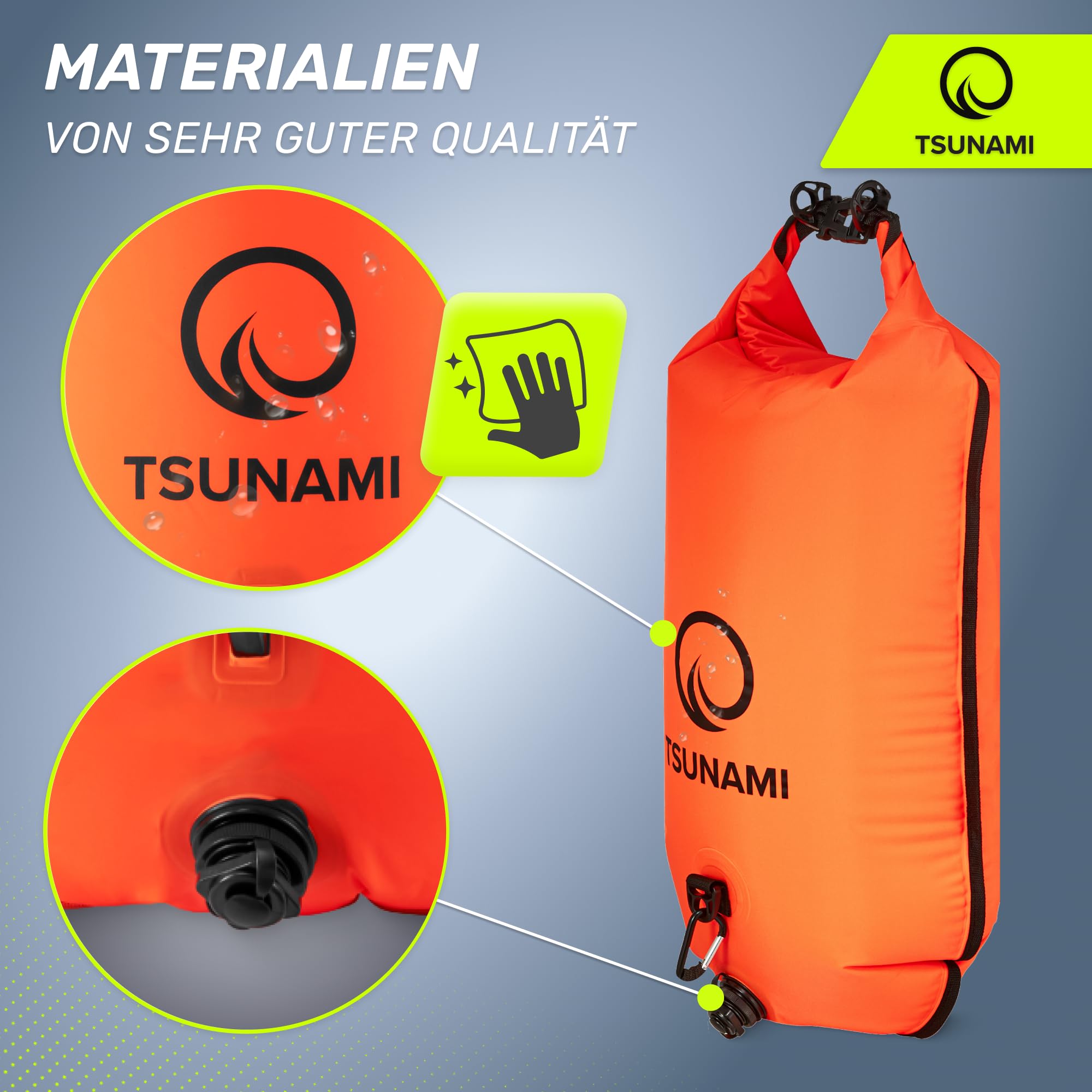 TSUNAMI Schwimmboje PRO mit 2-in-1-Trockentasche, Aufblasbare Schwimmhilfe für Schwimmen, Schnorcheln, SUP, Freiwasserschwimmen und Wildschwimmen, Sicherheitsboje, sichtbare Boje