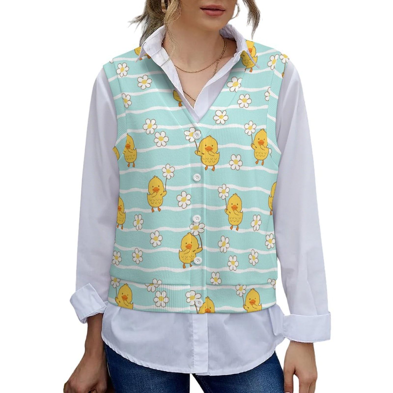 Yellow Rubber Ducks and Lotuses Sweater Vest Women Sleeveless Knitted Vest Casual Cropped Button V Neck Cardigan