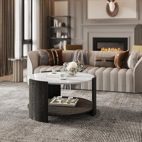 Miniatura 7 de Mesa de centro redonda, mesas de centro redondas rústicas modernas con estante de almacenamiento de 2 niveles, mesa de cóctel para sala de estar y