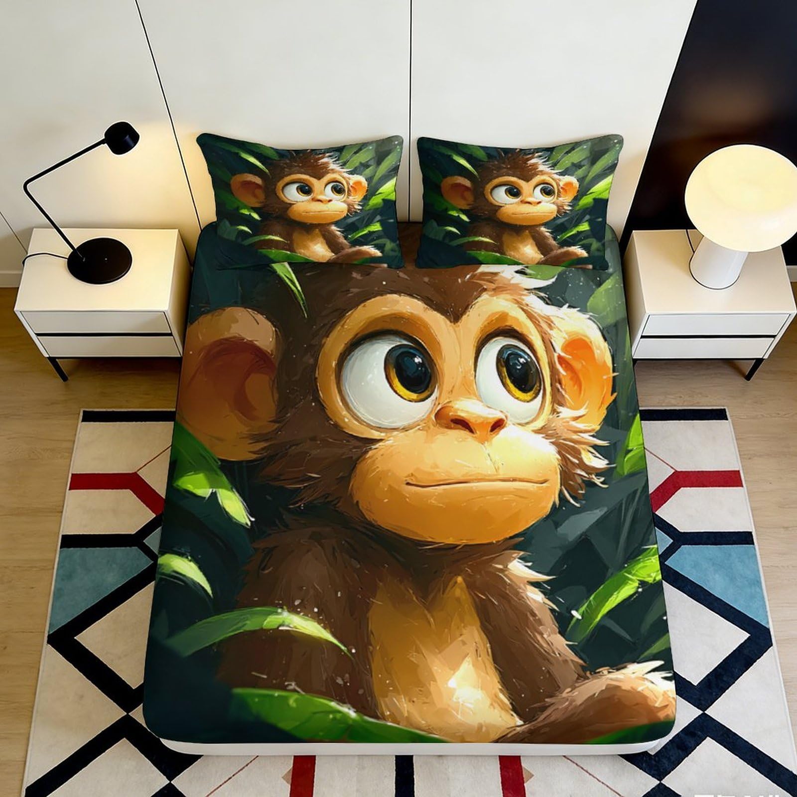 3D Printed Cartoon Monkey Fitted Sheet Microfiber Bedroom Bedding Deep Pocket Monkey Mattress Fitted Cover Non-Slip Full Wrap Washable 200x200x25cm 90x200x25cm