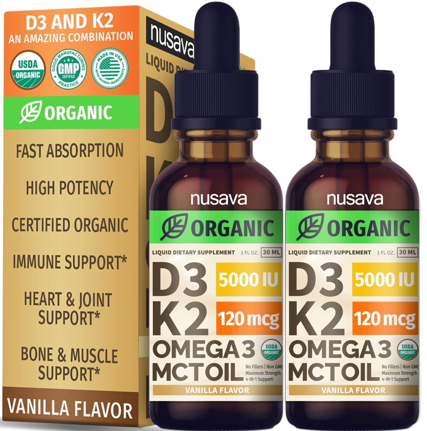 (2 Pack) Organic Vitamin D3 K2 Drops with MCT Oil Omega 3, 5000 IU - Maximum Strength Vitamin D Liquid, No Fillers, Non-GMO Liquid D3 for Faster Absorption and Immune Support (Vanilla, 1 Fl OZ x 2)