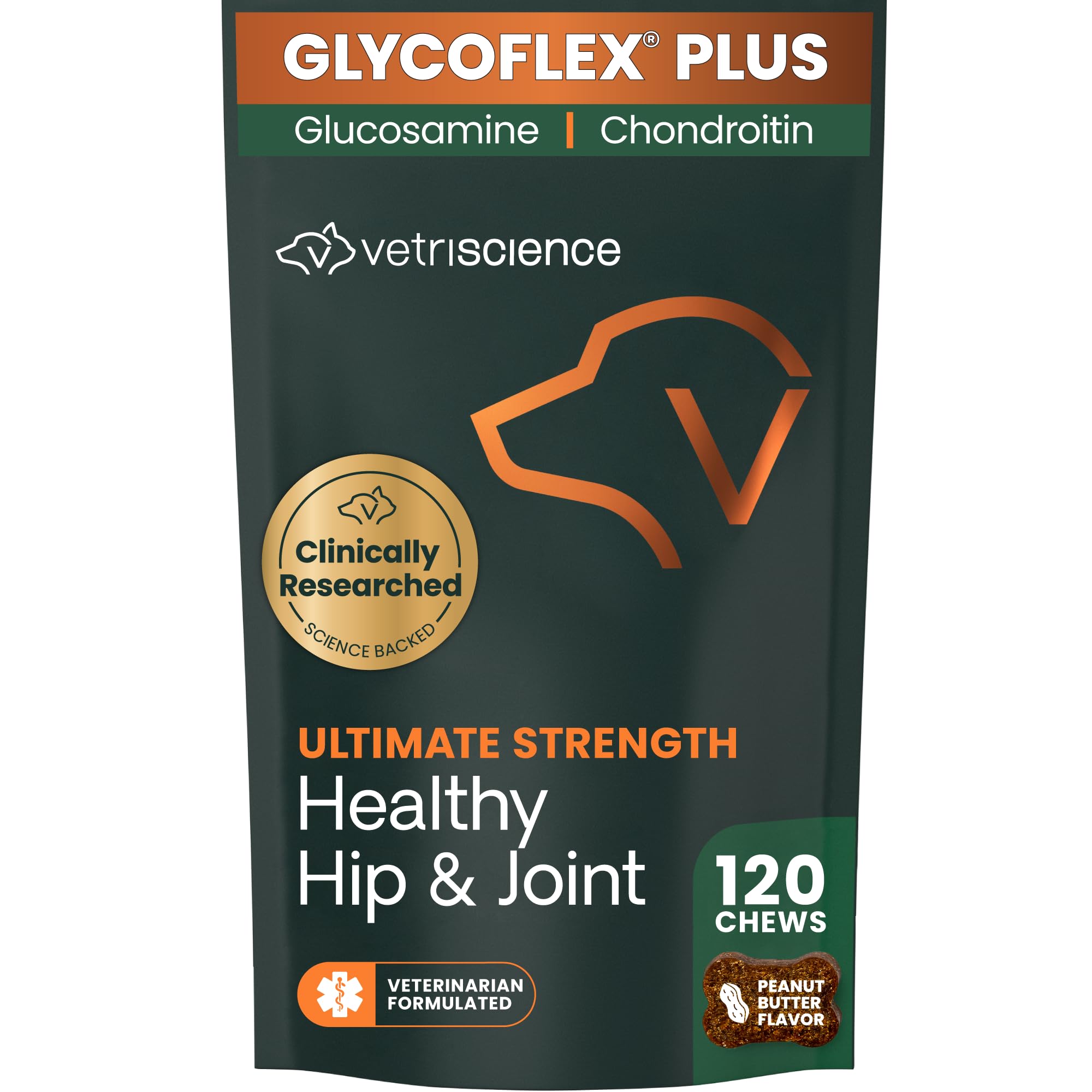 Ultimate Strength Hip & Joint Supplement for Dogs, GlycoFlex Plus – MSM, Chondroitin & Green-Lipped Mussel Chews for Mobility, Flexibility, Comfort & Support, Peanut Butter Flavor 120 Cnt