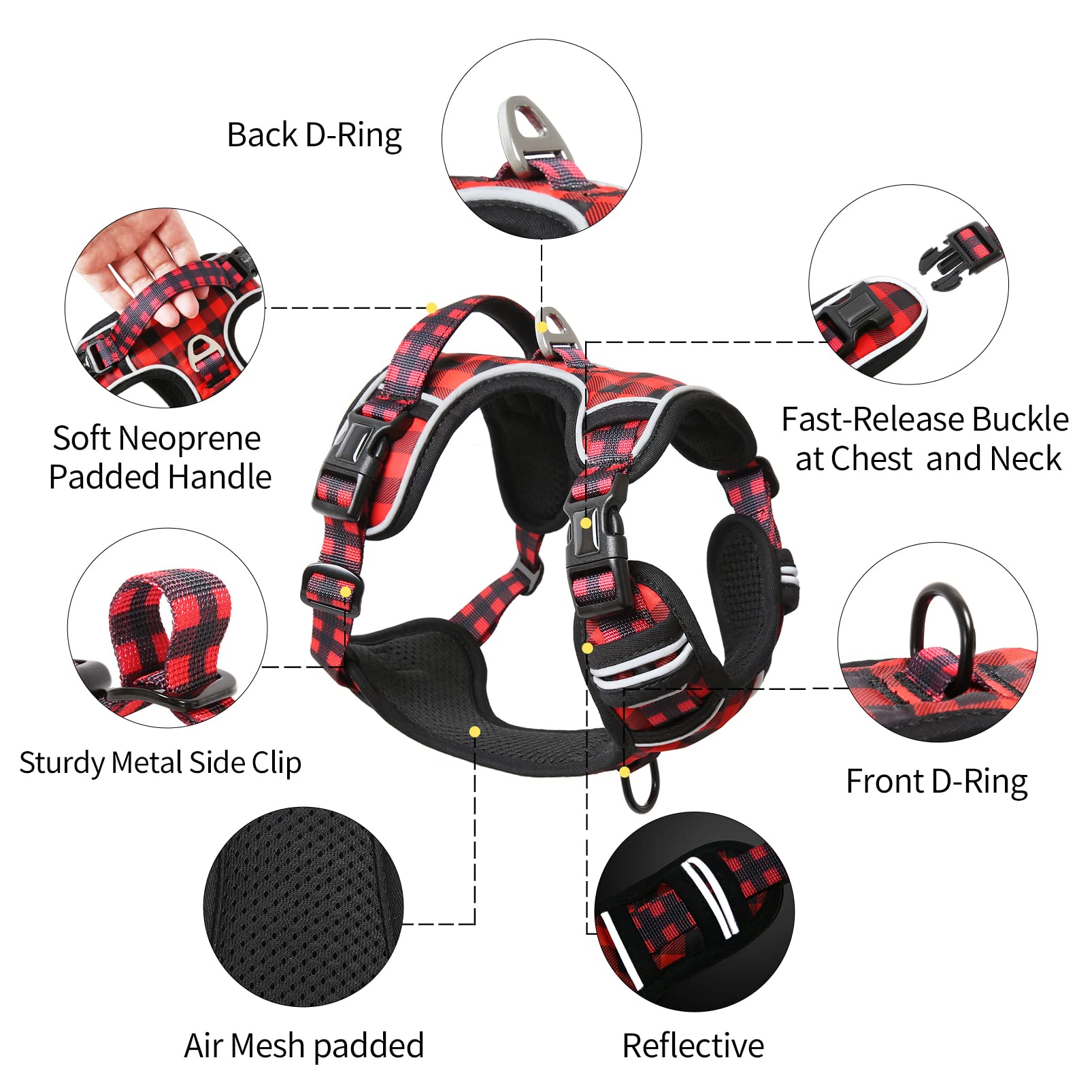 HEELE Pettorina Cane, Imbracatura Sganciata Rapido dal Collo, Pettorina Anti-tiro Riflettente e Regolabile con Maniglia Comoda, Morbida e Imbottita per Cani Piccola Media Grande, Rosso-Nero XS