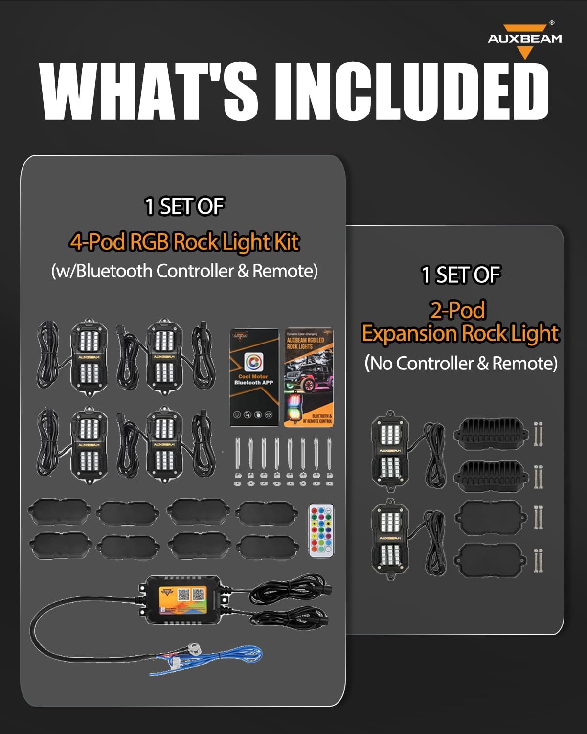 Auxbeam Small Version 4 Pods Dynamic RGB LED Rock Lights w/Bluetooth APP Remote Control + 2-Pod Rock Lights Extension Kit
