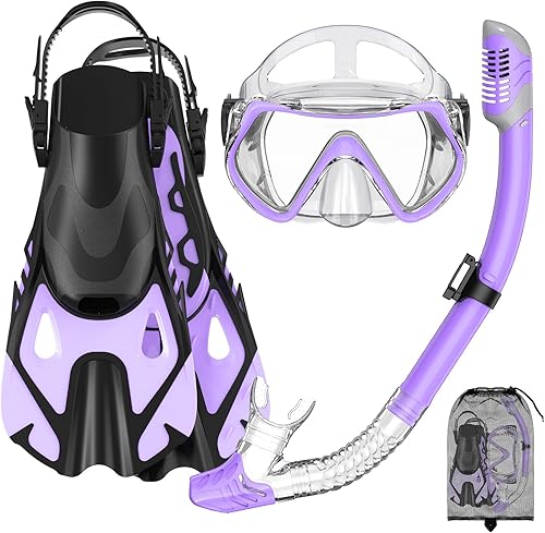 Juego de equipo de esnórquel para adultos, juego de esnórquel con parte superior seca, máscara panorámica antivaho y aletas de natación ajustables,