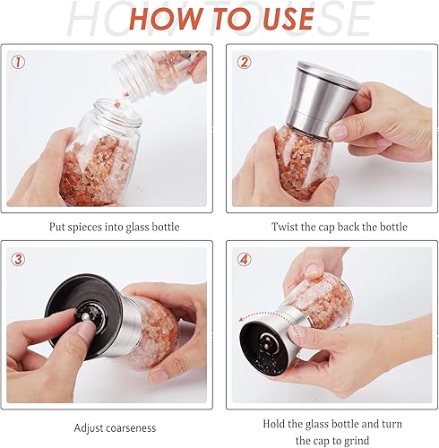 Miniatura 7 de Ebaco Salt and Pepper Grinder Set - Refillable Grinder Adjustable Coarseness of Pepper Salt Spice Stainless Steel Mills Glass 6oz2 Pack