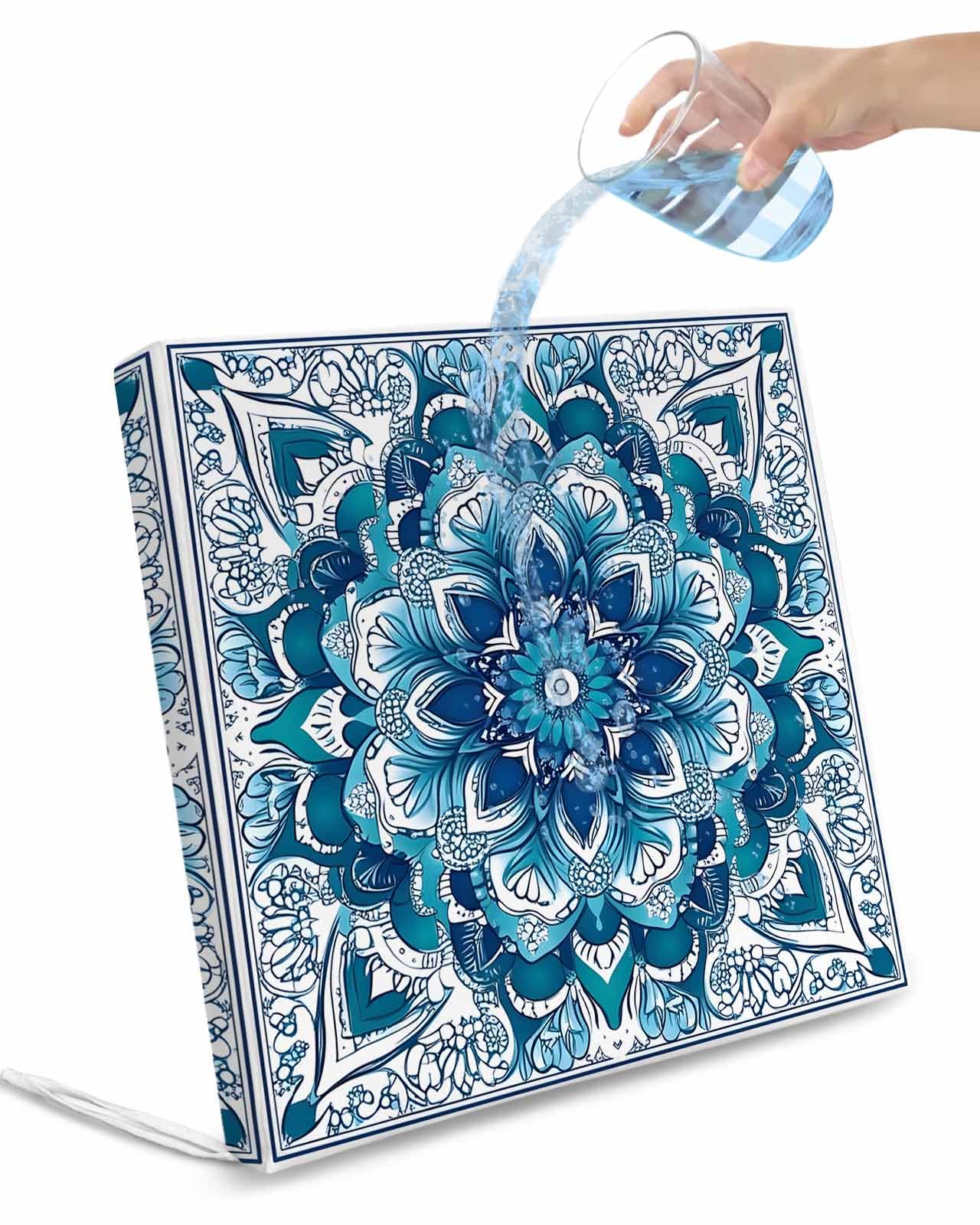 2 Pack Teal Blue Floral Boho Waterproof Cushion Covers with Ties, Outdoor Patio Chaise Lounge Chair Seat Cushion Slip Covers Replacement(Only Cover) Abstract Tribal Ethnic Flowers 20