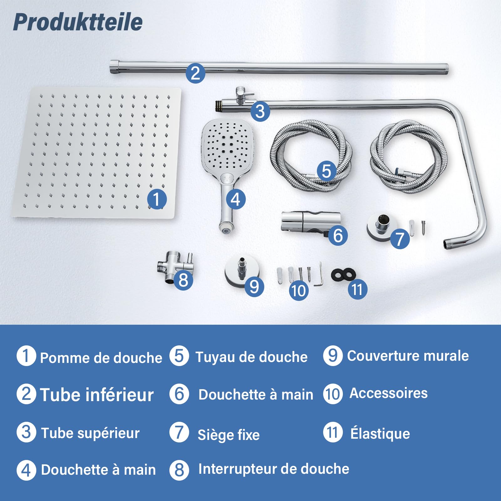 Colonne de Douche Sans Mitigeur,Colonne de Douche Chromé avec Tête de Douche Carré 30x30 CM Pour Baignoire Hauteur Réglable avec Pommeau de Douche en ABS