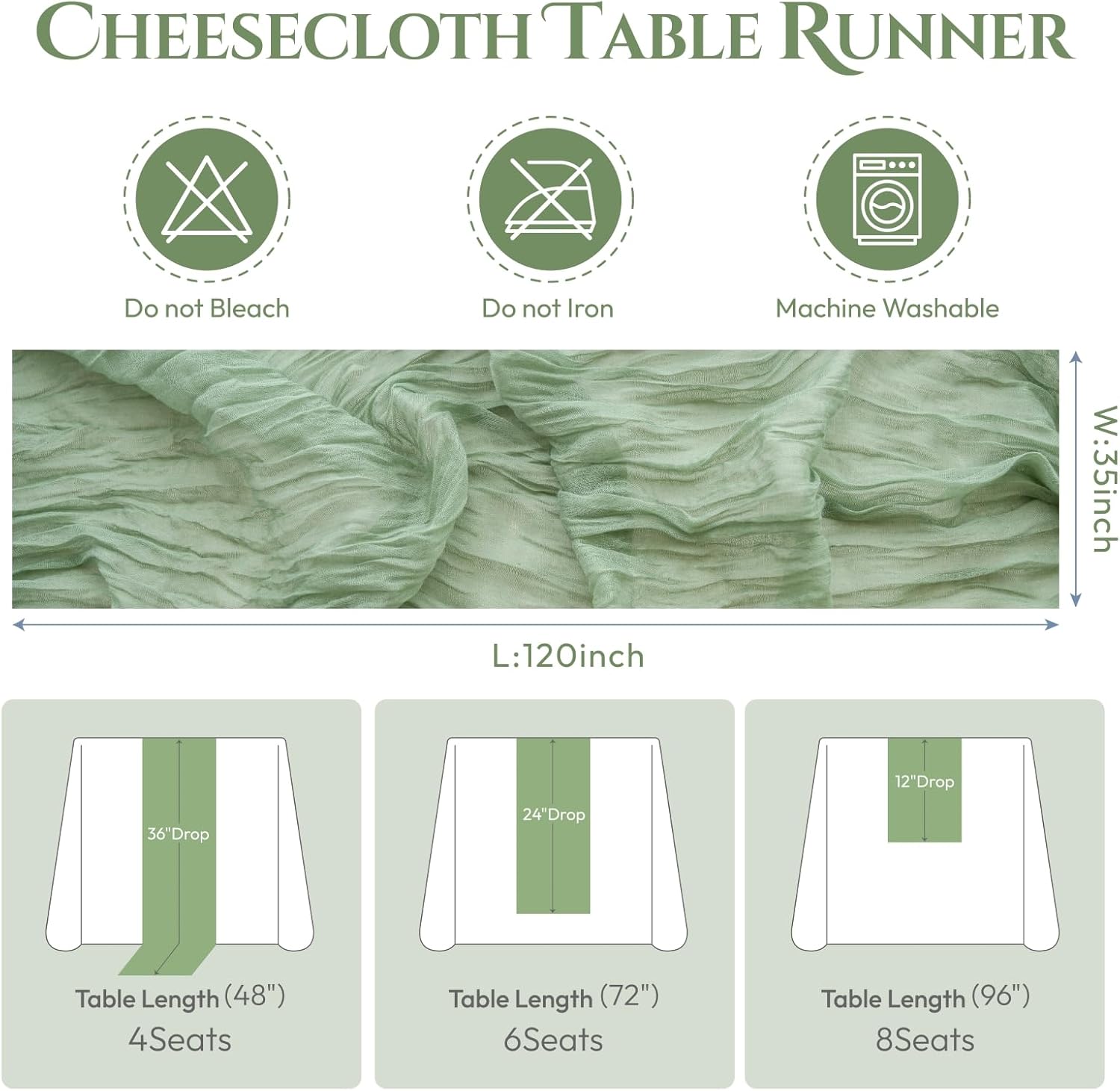 Sioloc 10 Pack Sage Green Cheesecloth Table Runner 120'' x 35'',Spring Easter Decor Soft Gauze Boho Wedding Table Decor for 10ft Table Birthday Party,Baby Shower, Bridal Shower, Home & Event Decor