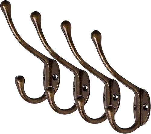 Miniatura 5 de CRAFTSMAN ROAD Ganchos de pared vintage de hierro fundido (acabado de latón antiguo, juego de 4)  Ganchos rústicos para abrigos de granja  Abrigos,