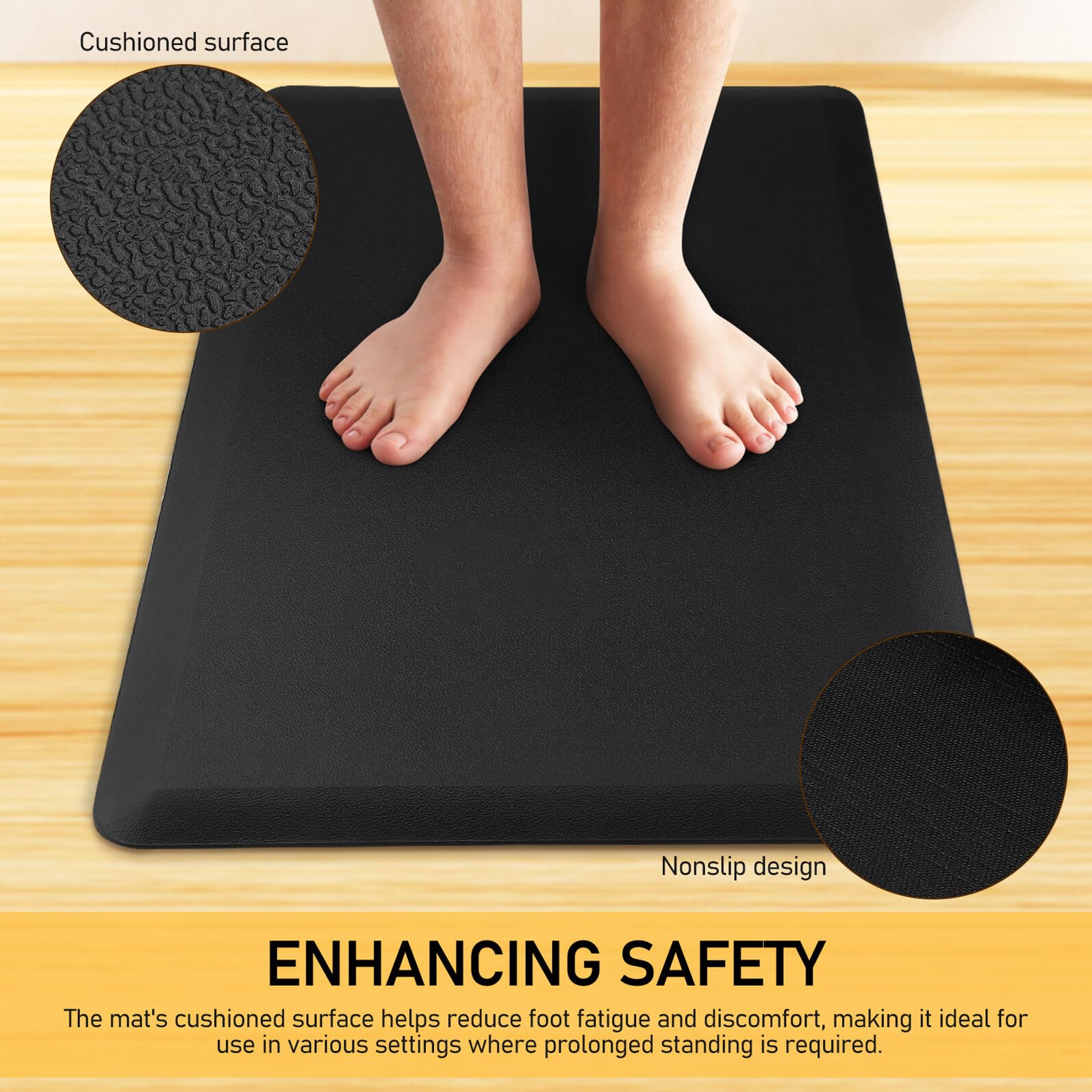 Ergonomische Anti Ermüdungsmatte aus PVC und Schaumstoff Komfortables Bodenkissen für Küche und Büro rutschfeste Stehmatte Leicht zu Reinigen Schwarz 44x71x1,2cm