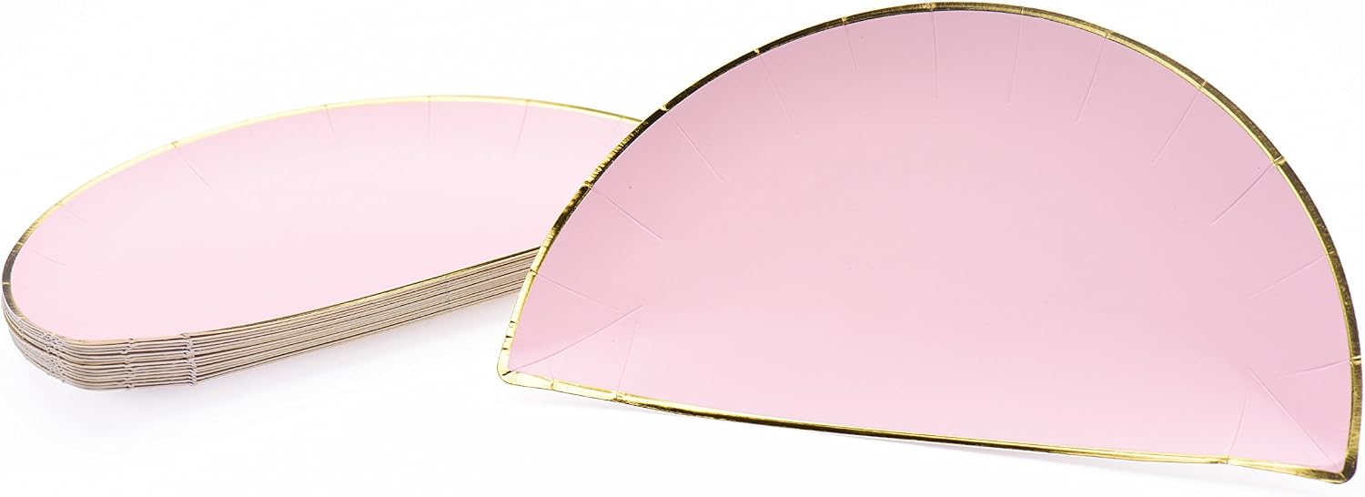 Sugar & Cloth 9 Inch Semi Circle Paper Plate, Pink with Gold Edge, 16 Count