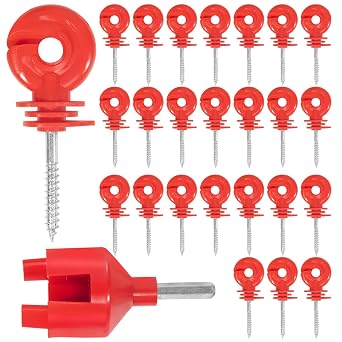 25 Pcs Upgrade Red Electric Fence Insulator Fence Ring Post Self-Tapping Insulator Labor-Saving Wood Post Insulator and 1 Pc Insulator Socket Tool Fit for Electric Drill Red