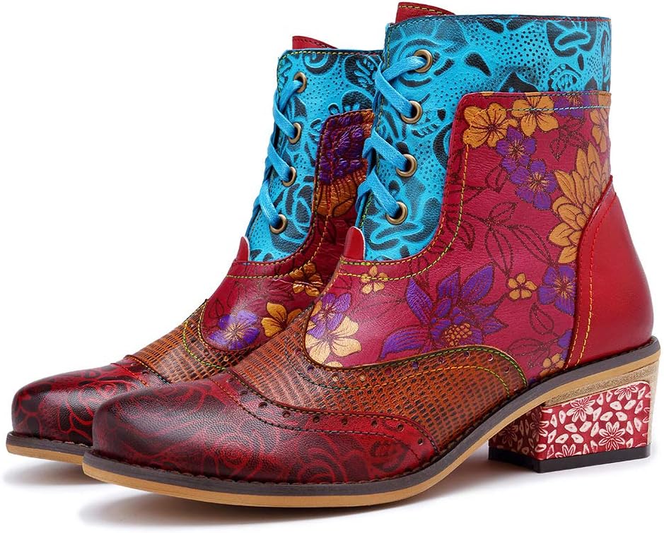 CrazycatZ Women's Leather Ankle Booties, Bohemian Pattern Short Boots Flower Splicing Pattern Handmade Vintage Shoes Exotic Booties