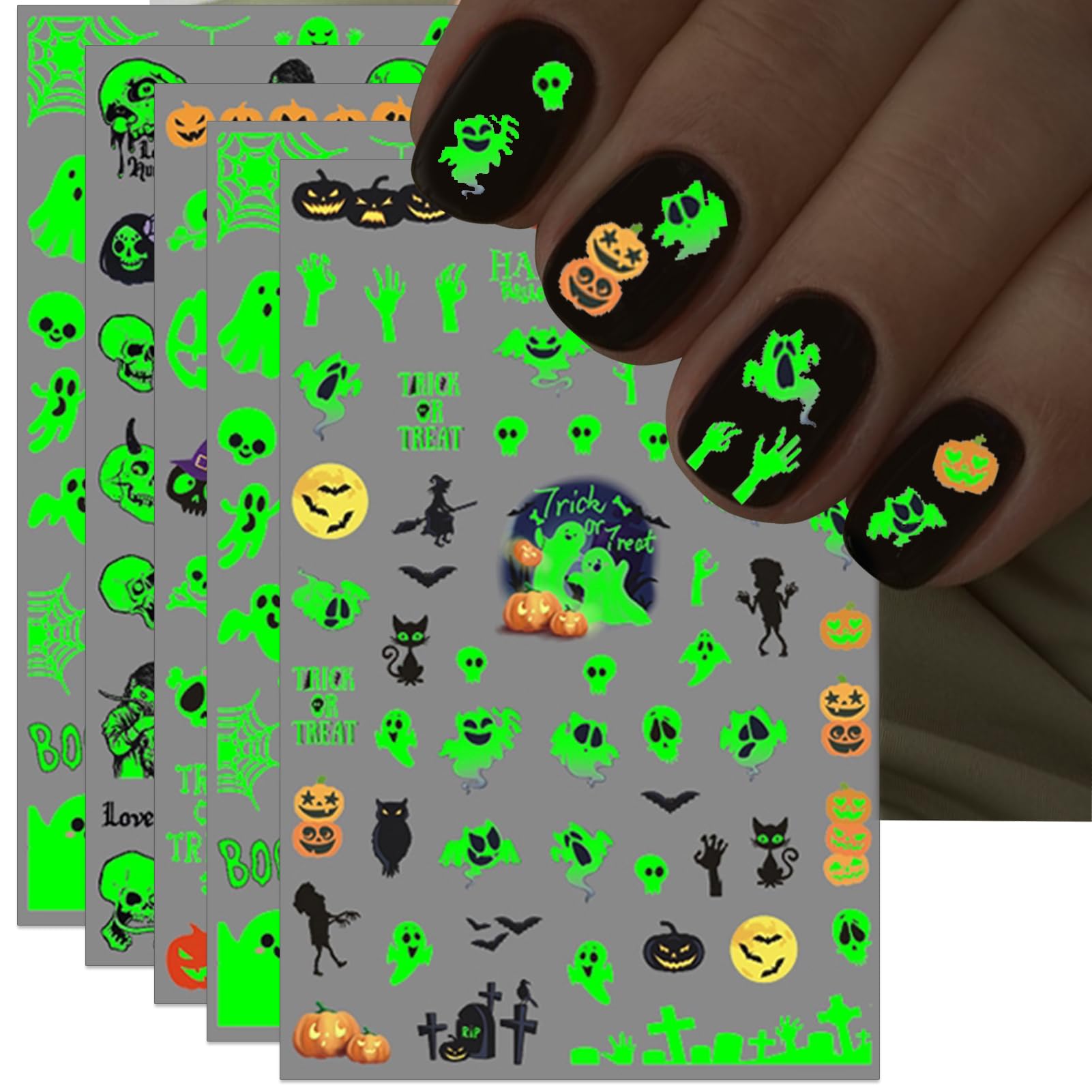 IDDFEVE Halloween Glow in The Dark Nail Stickers, 3D Luminous Ghost Nail Art Decals, Self-Adhesive Pumpkin Spider-Web Bat Design for DIY Supplies