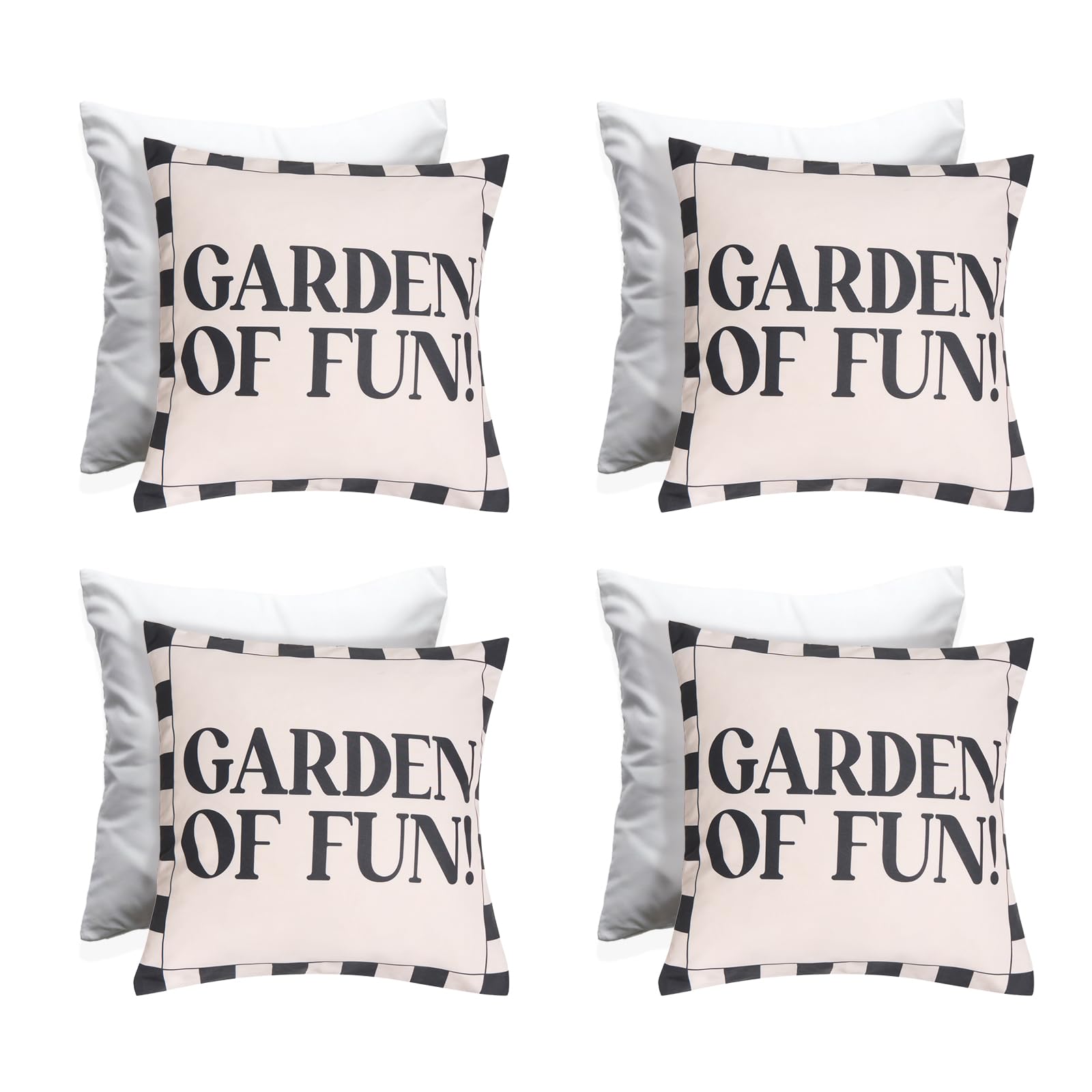 OHS Outdoor Cushion Filled 45 x 45 Set of 4 Decorative Garden of Fun Slogan Garden Cushions Waterproof Home Decor Soft Outdoor Seat Cushions Covers Included with Invisible Zipper, Monochrome