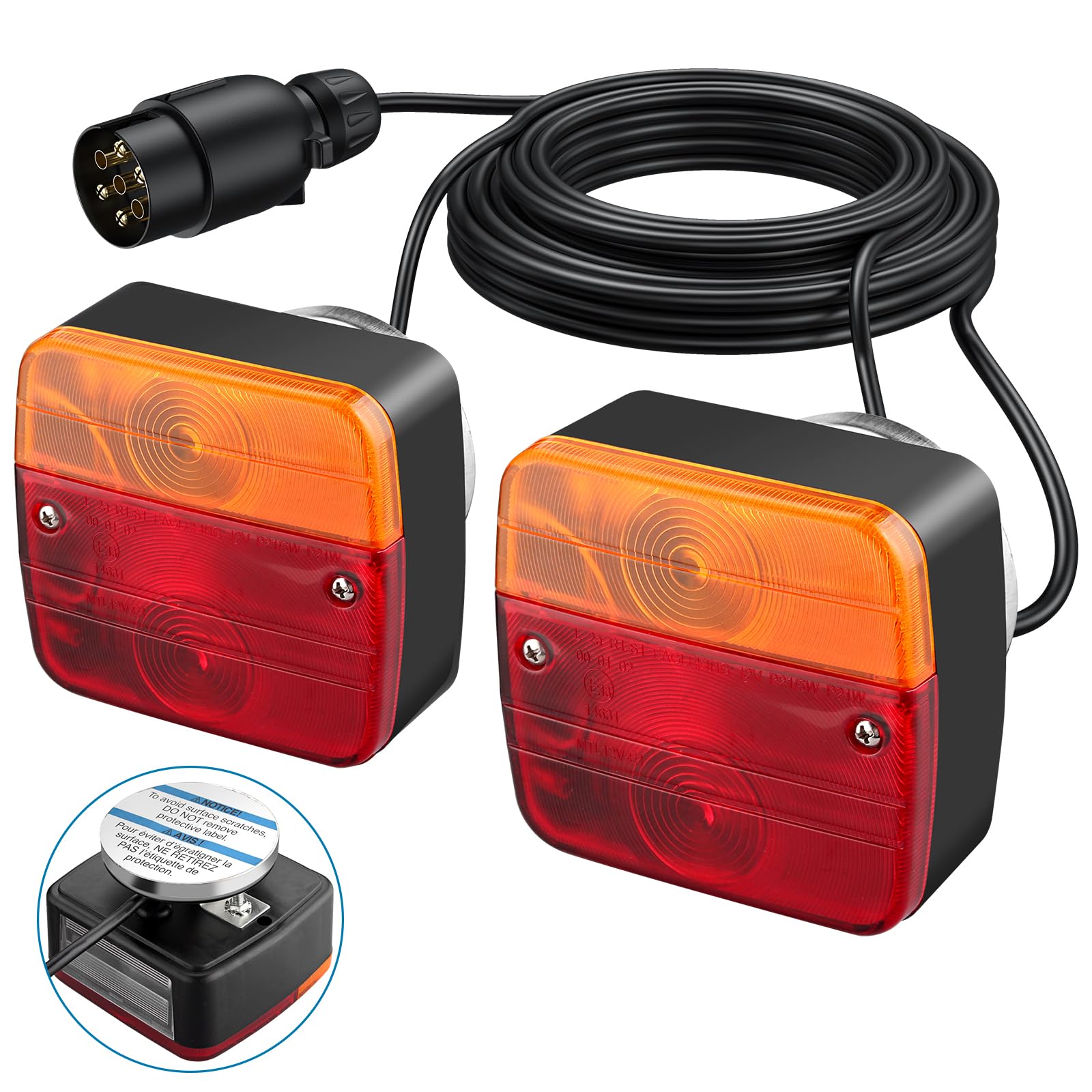 AUTOUTLET Anhänger Rückleuchten, 12V Universal Rückleuchten Set Anhänger 7 Polig Stecker, 7,5M Kabel & E13-Zertifiziert, Wasserdicht IP65, PKW LKW Rücklicht Beleuchtung - Magnet Montage