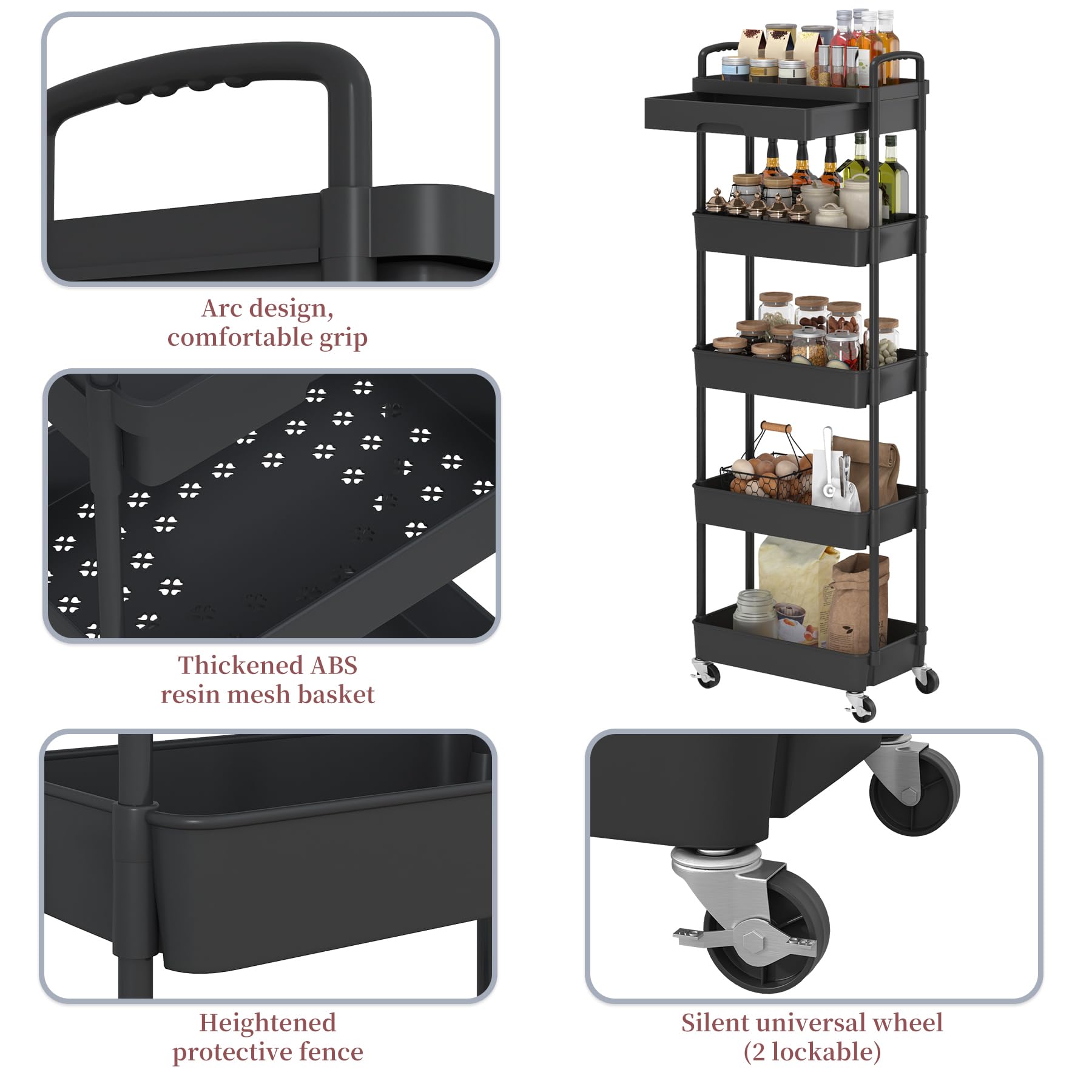Carrello Multiuso A 5 Livelli Con Maniglia E Ruote, Organizer Rimovibile Per Cucina, Bagno, Ufficio, Tubo Argenteo