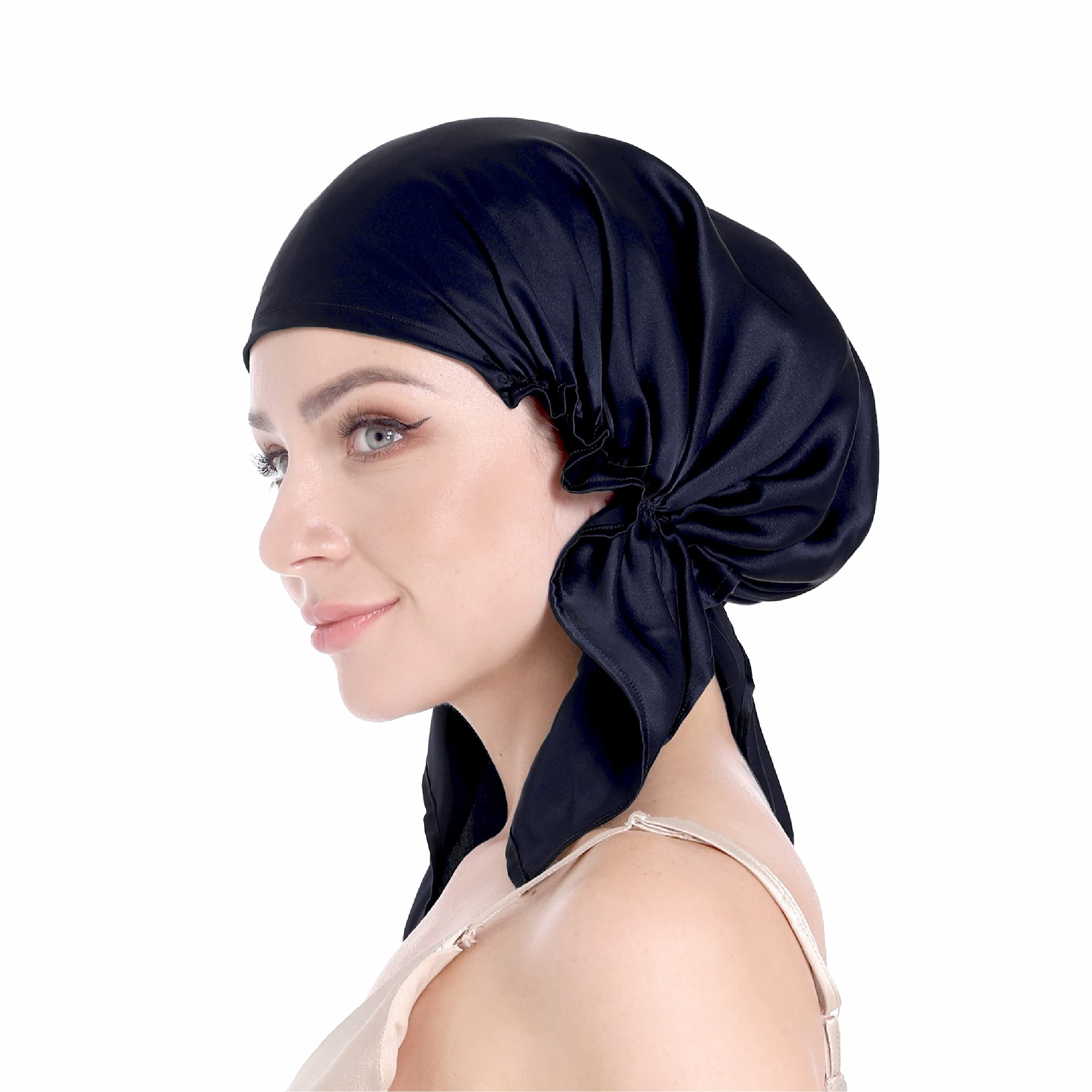 100% Silk Bonnet for Sleeping, Hair Bonnet with Tie Band, Silk Hair Wrap for Hair Care, Large Silk Sleep Cap for Curly Hair, Navy, One Size