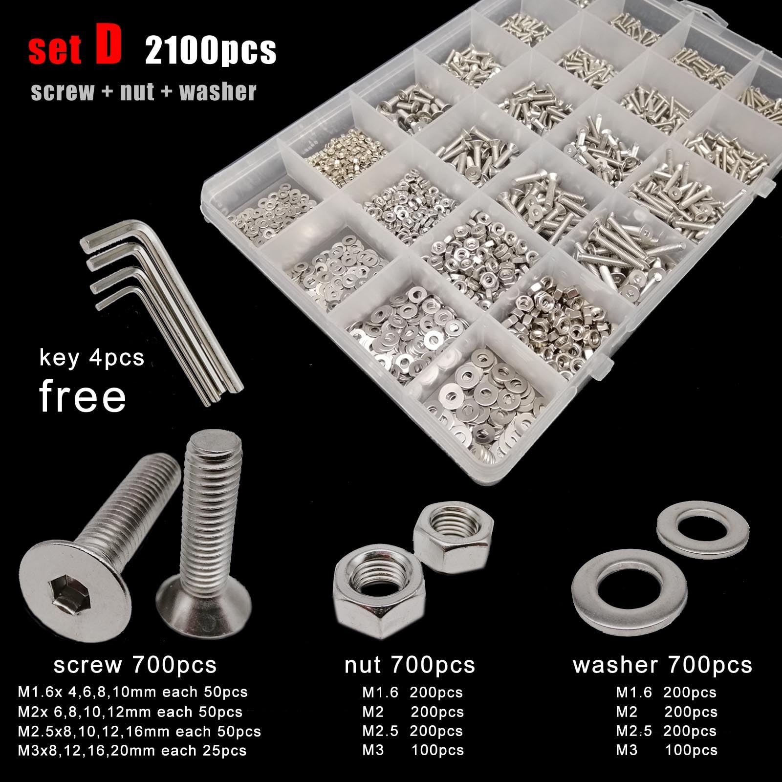 SYLALE 400/1140 pièces M1.6 M2 M2.5 M3 M4 M5 304 Acier Inoxydable Douille hexagonale Douille Plate vis à tête fraisée Boulon écrou Ensemble Kit d'assortiment (Color : Set D 2100pcs)