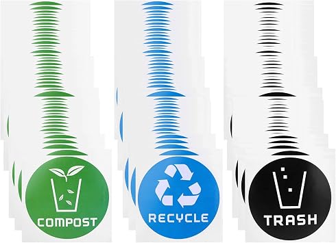 TANIQIACA 60Pcs/Set Round Recycle Trash Compost Sticker Decal for Trash Cans Garbage Containers Recycle Bins Vivid Colors Easy Apply PVC Durable