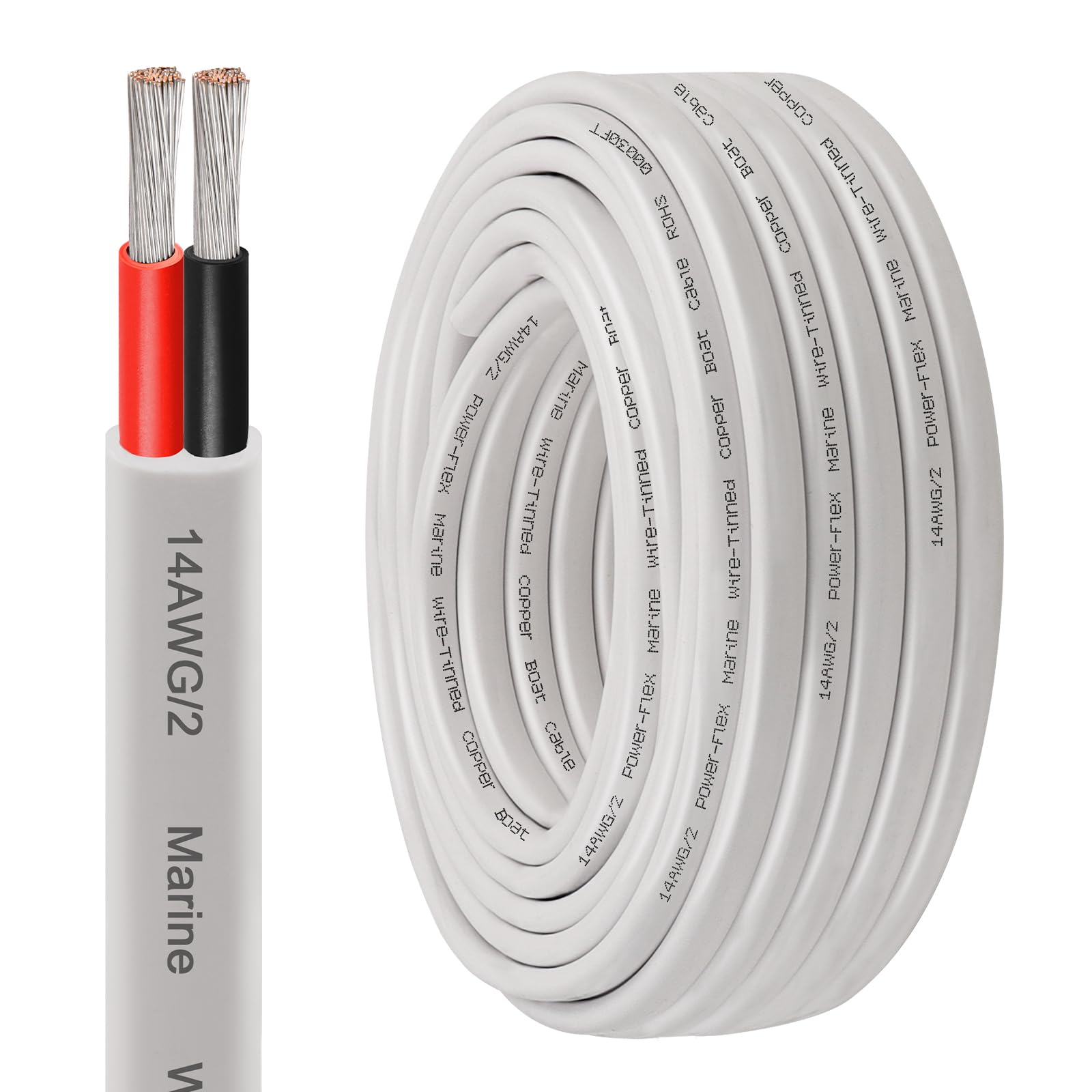 XRDS -RF 14 AWG Marine Wire 50FT, 2-Conductor (Red & Black) Duplex Marine Grade Boat Cable, High-Strand Tinned Copper Electrical Wire, Flexible PVC Jacket for Boats, RVs, Trailers & Solar