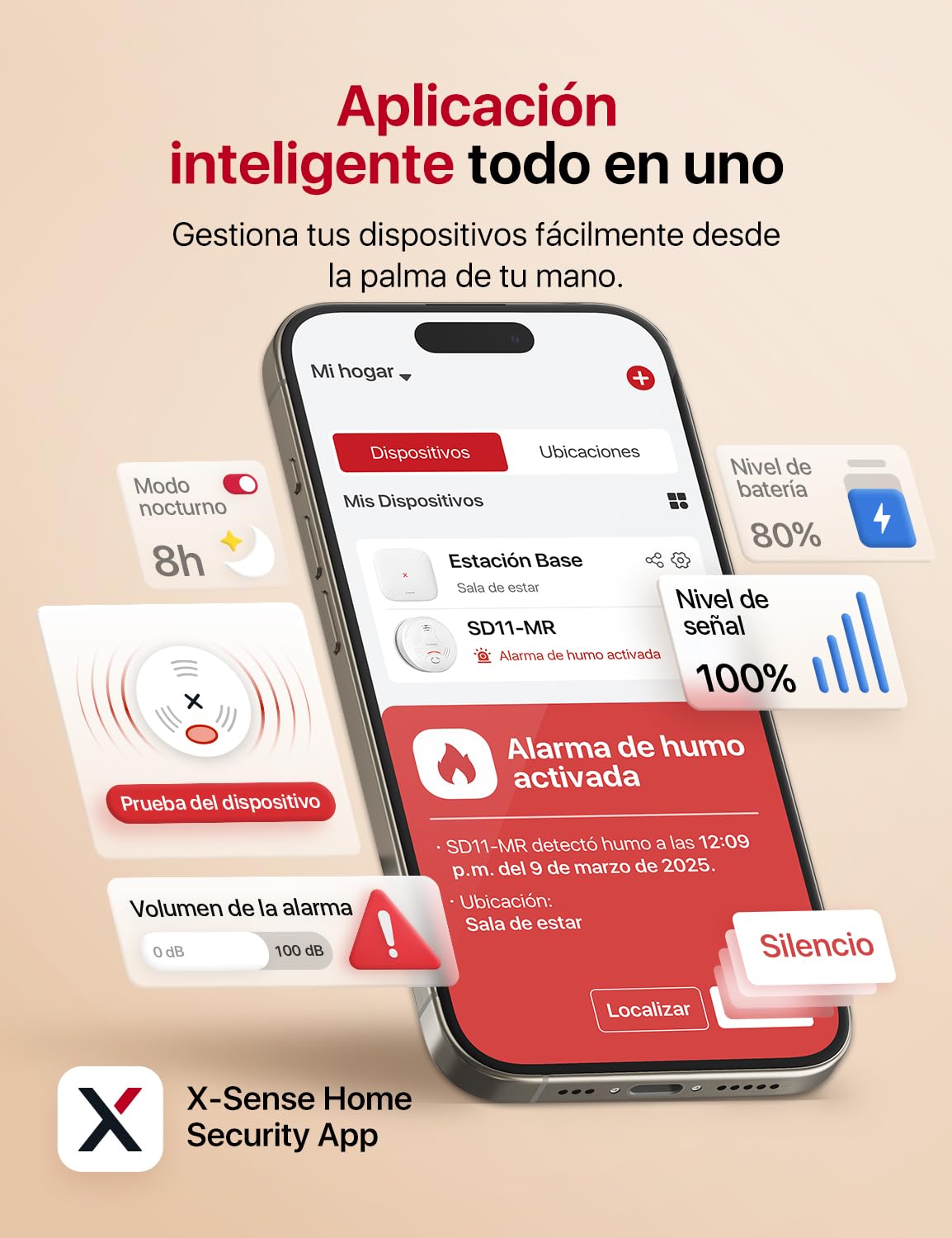 X-Sense Detector de humo para el hogar, requiere estación base SBS50, control todo en uno con la aplicación X-Sense Home Security, SD11-MR, paquete de 3