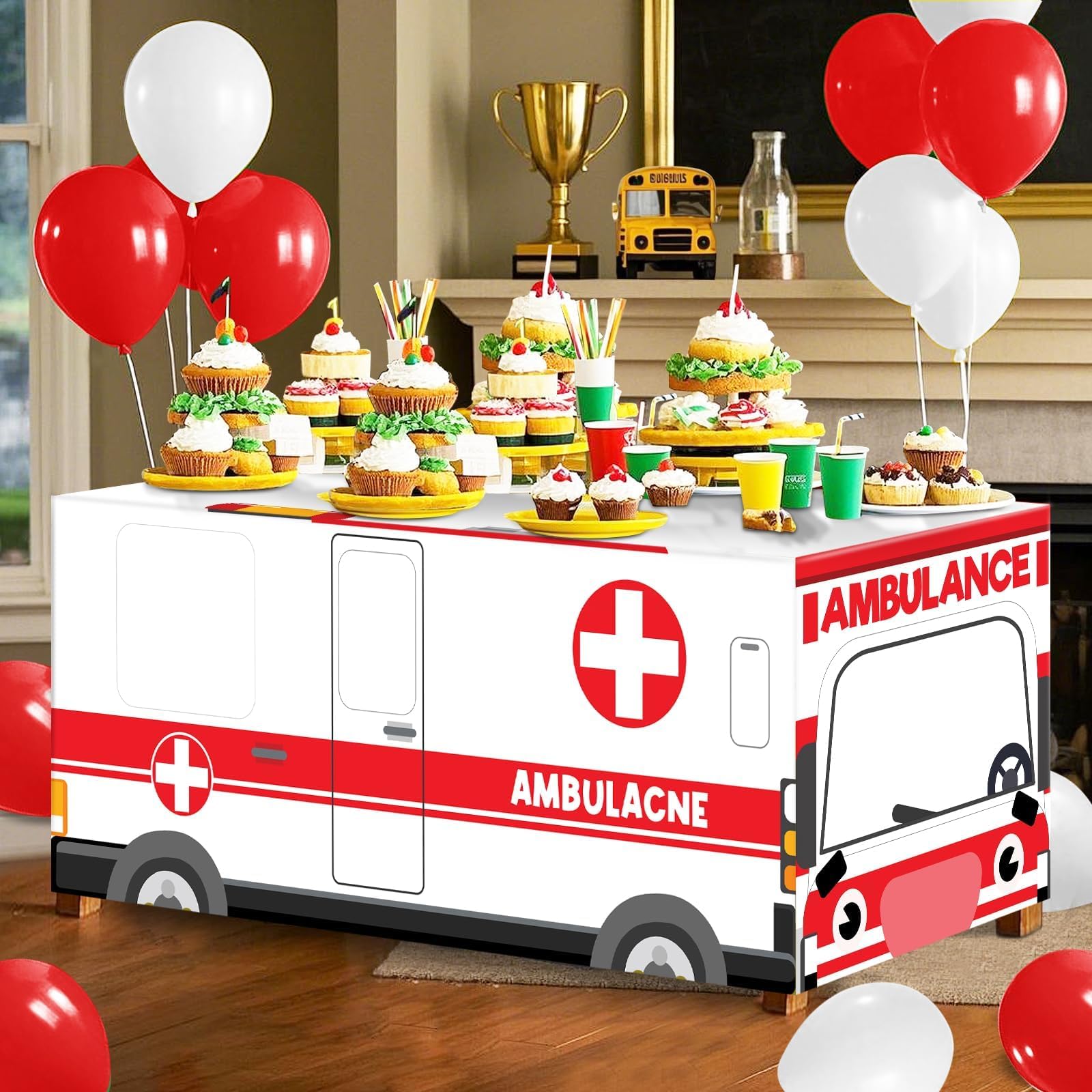 Cumule Large Ambulance Tablecloths Ambulance Birthday Party Decorations Washable Polyester Rectangle Table Cover Decor for Dinner Picnic Table Cloth