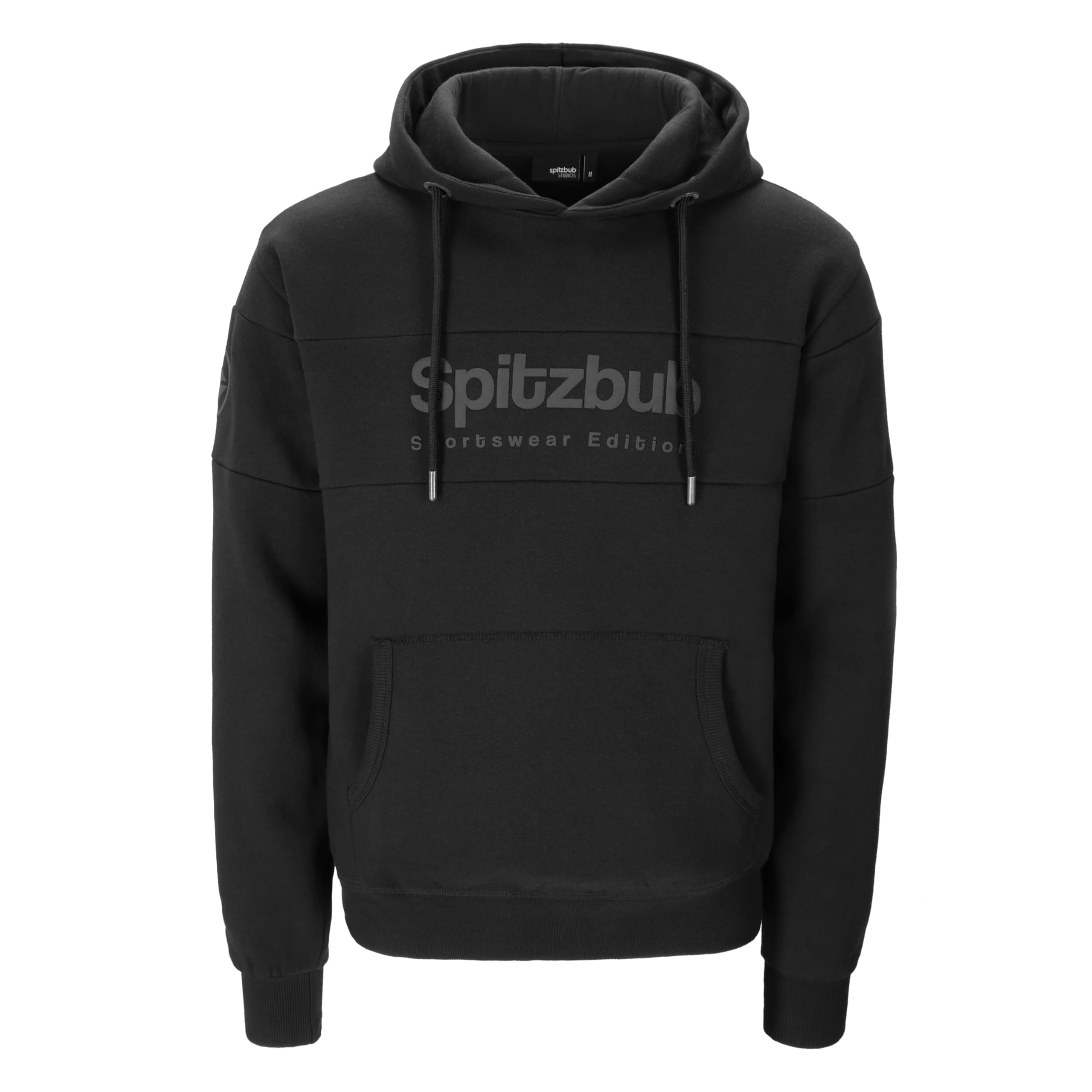 Spitzbub Herren Hoodie Schwarz – Ton-in-Ton Markenprint – Kapuzenpullover für Männer – 85% Baumwolle / 15% Polyester – Streetwear Sweater