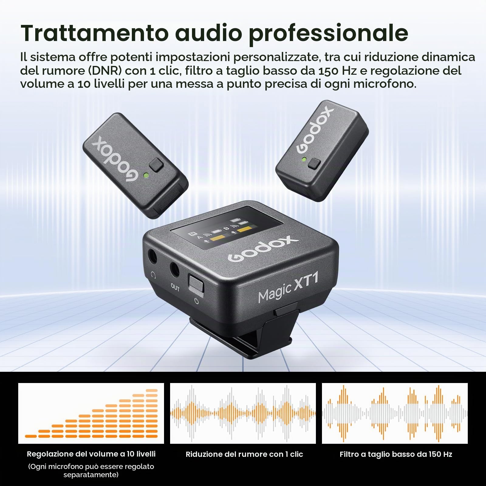 GODOX Magic XT1 Microfono lavalier wireless per fotocamera,Android,iPhone15,PC,ricevitore touchscreen,cancellazione del rumore,sistema microfono wireless 2.4G con portata di 200 m (656 piedi)