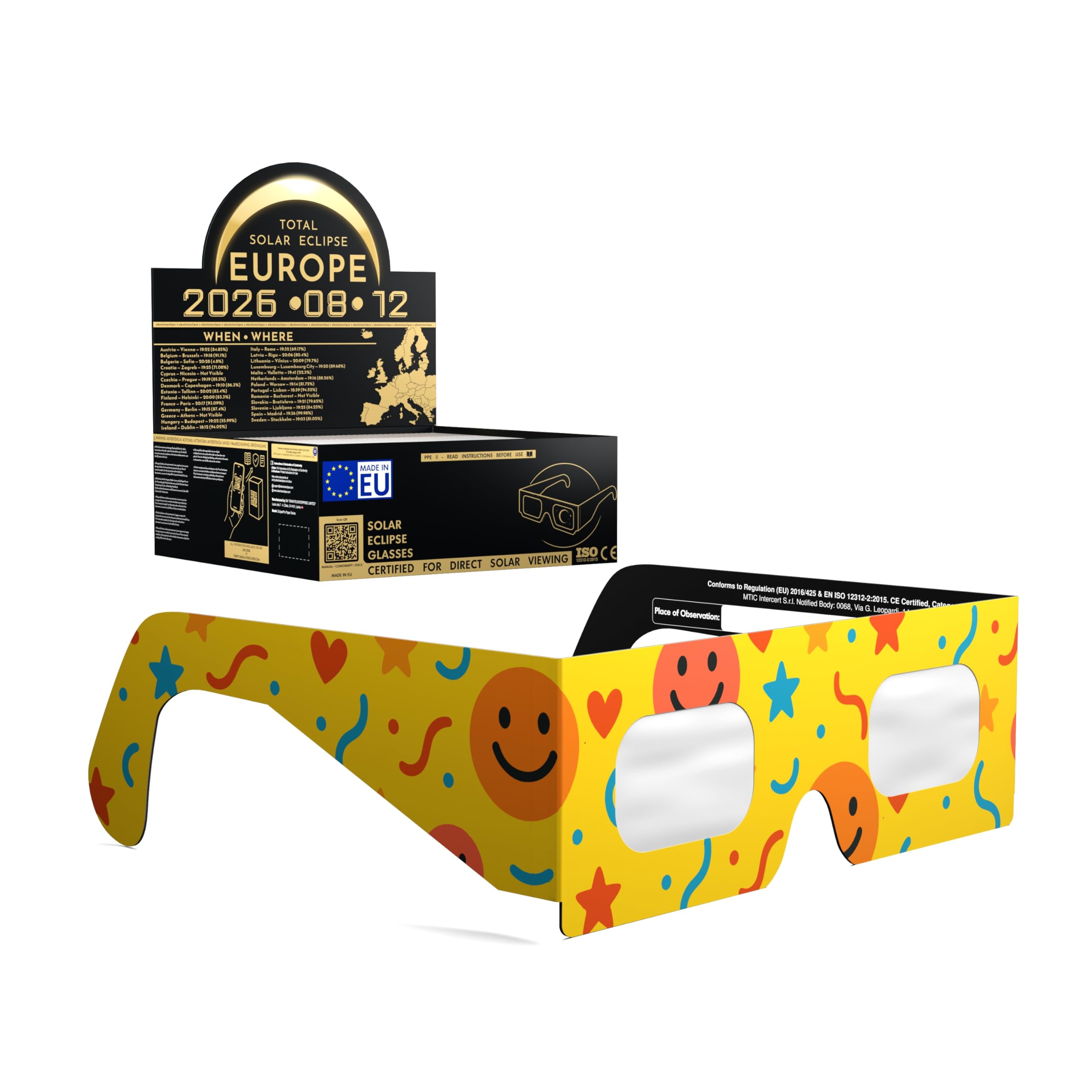 Absolute Eclipse Lunettes Enfants Eclipse Solaire 2026 pour Voir l'Éclipse - ISO 12312-2 CE Certifiées Homologuées - Lot de 50 Événements - Design Fun - Fabricant Européen Reconnu AAS