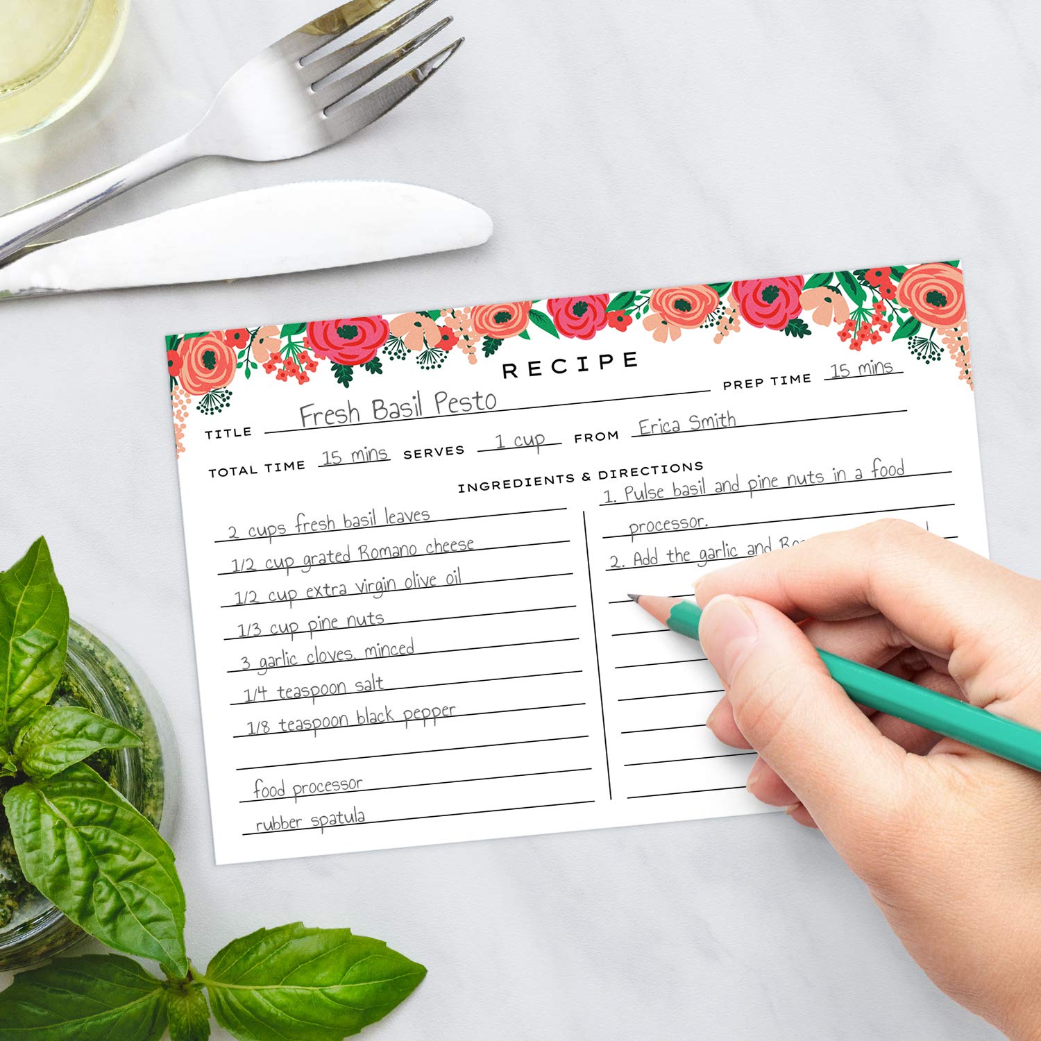 Biglietti per ricette 10 x 15 cm, double-face, confezione da 50 biglietti di ricette vuoti, motivo floreale e frutta, 10,2 x 15,2 cm