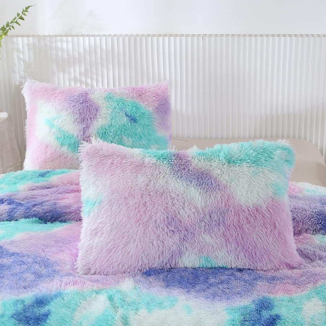 WINLIFE Shaggy Bedding Comforter Set Faux Fur Flannel Furry Long Hair Plush Comforter Sets Pastel Ombre Tie Dye Multicolor Bedding for Girls Kids (3Pcs, Twin, Teal Purple) - Image 6